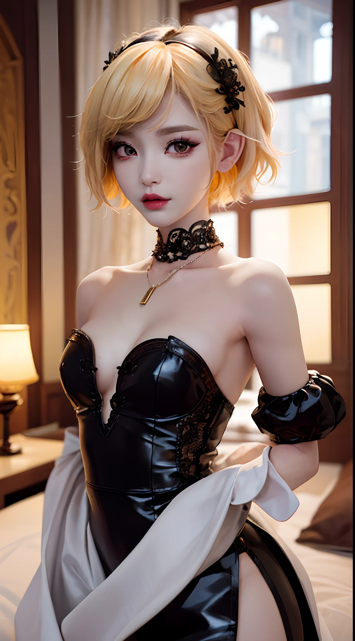 masterpiece, top-quality, 1womanl,, Adults, tall, finely eye and detailed face, intricate detailes, ((Korean fashion in black and white)), window, Happiness, tenderness, high-level image quality、tall、The upper part of the body、nightfall、nighttime scene、𝓡𝓸𝓶𝓪𝓷𝓽𝓲𝓬、Korean Male, Idol Photos, k pop, Professional Photos, Vampires, Korean fashion in black and white, Fedoman with necklace, inspired by Sim Sa-jeong, androgynous vampire, :9 detailed face: 8, extra detailed face, detailed punk hair, ((eyes are brown)) baggy eyes, Seductive. Highly detailed, semi realistic anime, Vampires, hyperrealistic , delicate androgynous prince, imvu, Bangs hide both eyes、invisible, short hair above the ears, Woman with short hair, ((Blonde woman with wild expression)), ((Woman with short hair in bright golden color))
