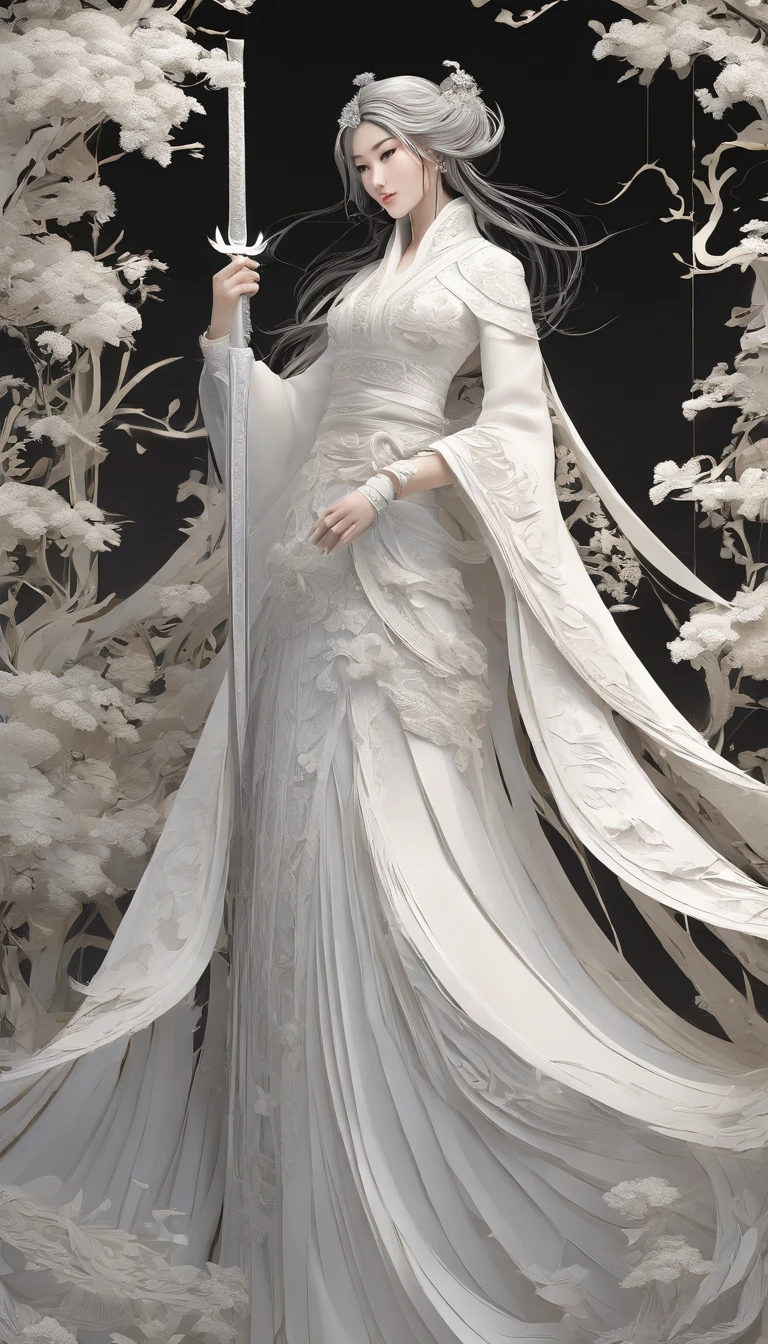 a close up of a woman in a white dress with a sword, a character portrait by Yang J, trending on CGSociety, Fantasy art, Beautiful character painting, Guviz-style artwork, Guviz, White Hanfu, Flowing white robe, full-body wuxia, epic exquisite character art, Stunning character art, beautiful female assassin