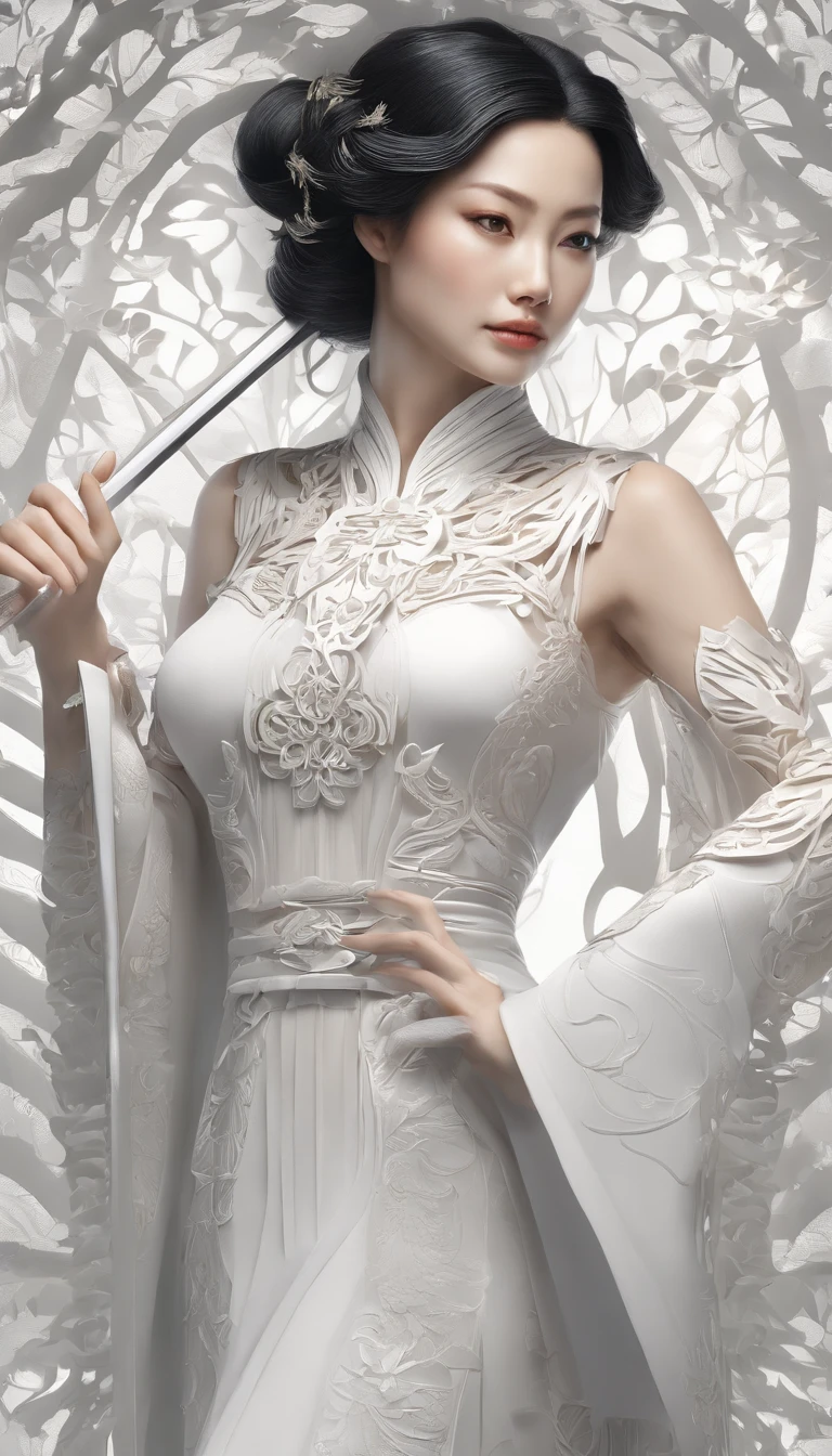 a close up of a woman in a white dress with a sword, a character portrait by Yang J, trending on CGSociety, Fantasy art, Beautiful character painting, Guviz-style artwork, Guviz, White Hanfu, Flowing white robe, full-body wuxia, epic exquisite character art, Stunning character art, beautiful female assassin