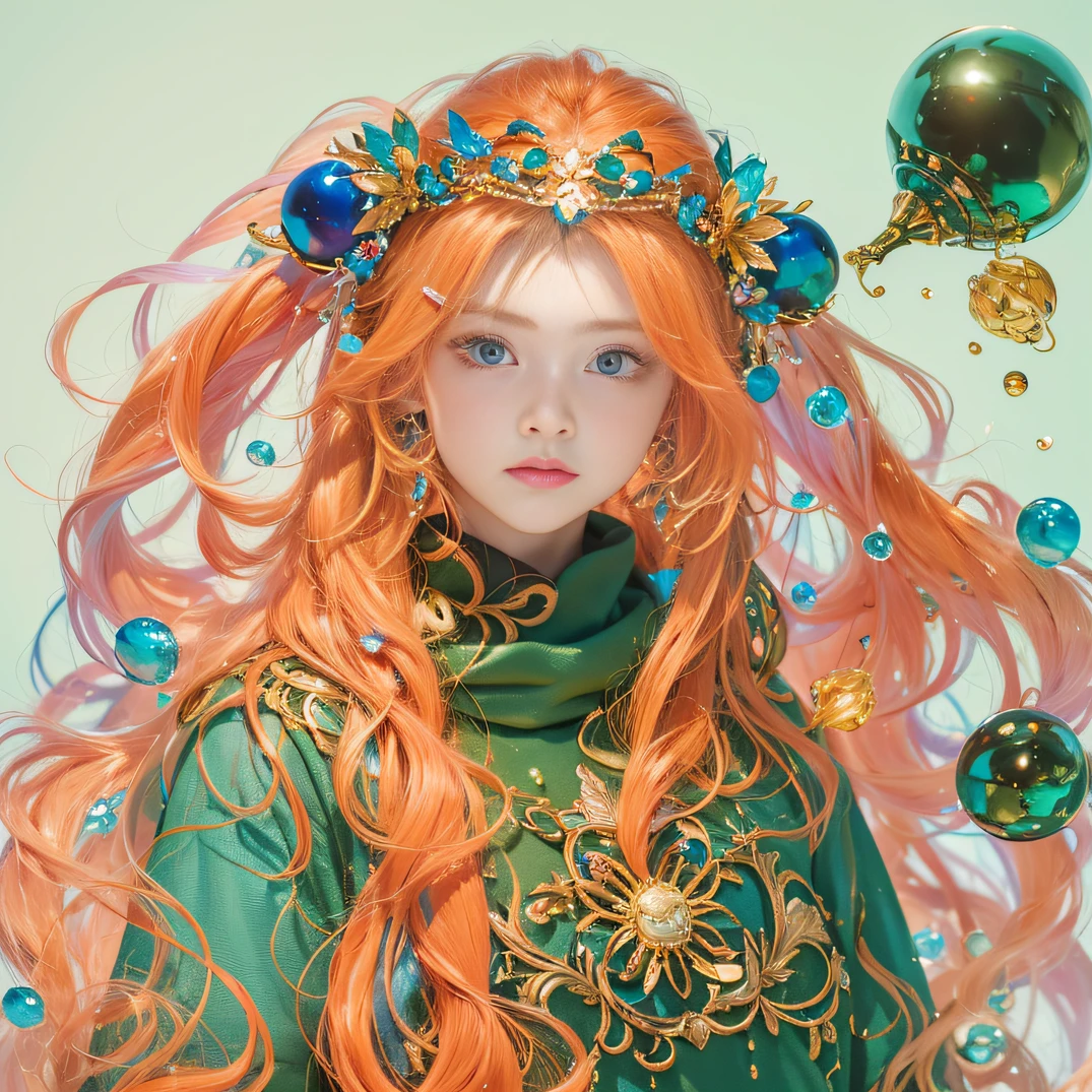 cyan colors，blue colors，enamel，agates，A flesh-colored world，Blood Girl 32K（tmasterpiece，k hd，Aoyama Pond，hyper HD，32K）Long flowing bright orange hair，blood pond，zydink， a color，Grumpy （Post-halo）， （Linen scarf）， Combat posture， looking at the ground， long whitr hair， Floating bright orange， Fire cloud pattern gold tiara， Chinese long-sleeved gold silk burgundy garment， （Abstract metaverse splash：1.2）， white backgrounid，Lotus vitality protector（realisticlying：1.4），Bright purple hair，Smoke on the road，The background is pure， A high resolution， the detail， RAW photogr， Sharp Re， Nikon D850 Film Stock Photo by Jefferies Lee 4 Kodak Portra 400 Camera F1.6 shots, Rich colors, ultra-realistic vivid textures, Dramatic lighting, Unreal Engine Art Station Trend, cinestir 800，A girl with long flowing bright orange hair，Huge multicolored bubbles