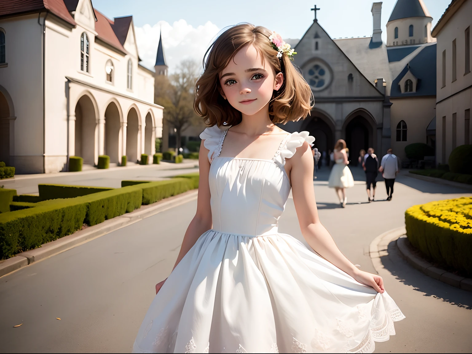  in the park in a dress, bow on dress, small, baby, realial, detailded, luz realisitic, good lighting, 4K