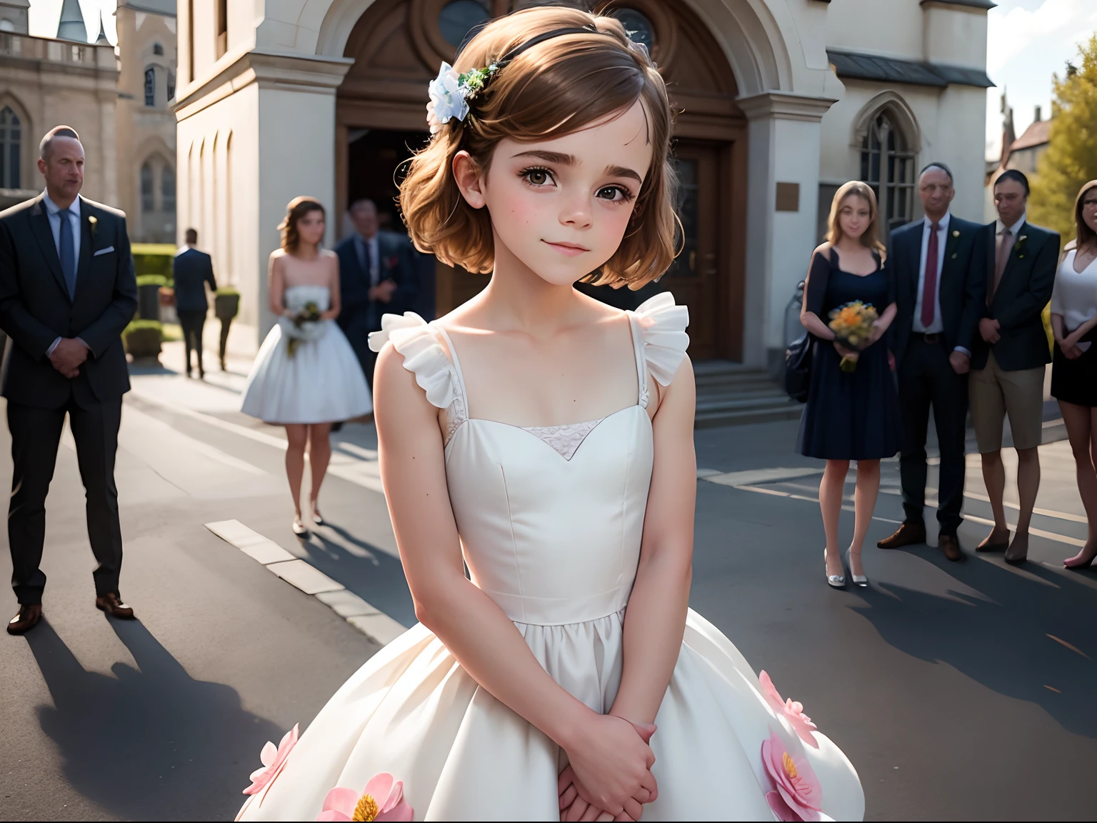 tween Emma Watson wearing cute flower girl dress, small bust, small chest, cute smile, outside church, wedding guests in background