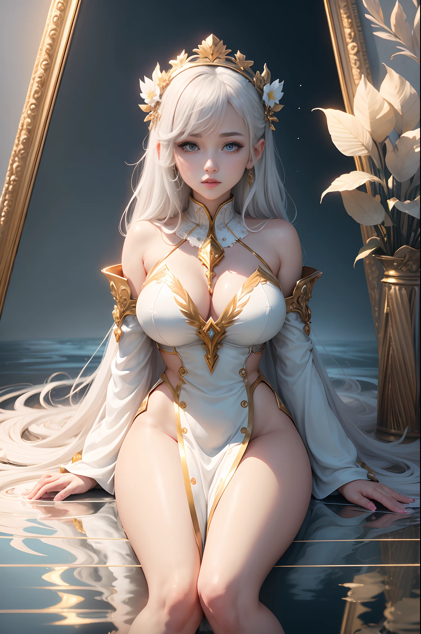 Goddess is an invincible masterpiece, Ultra photo realsisim, Perfect Artwork, Intricate details, Best Quality, strong lights, High contrast, White and golden robes and white and golden skirts(makina:1.2)(masutepiece) , (Best Quality) , (Highly detailed wallpapers CG Unity 8k) , (best character detail:1.36), wet lands, Oppressive sky, white clouds , (Delicate lines:1.24), ([Mirrors reflect water]:1.37) , (Fantasy) , cumulonimbus clouds , (The oppressive atmosphere of the host:1.14) , (cold light:1.2) , Color splattering , Colorful, full body Esbian,White background, Detailed eyes, Beautiful eyes, Detailed eyeshadow, Golden Eyes, Red Lipstick, wariza, hair adornments, Simple background, cube hair ornament,Short bob gray hair, 1womanl, hightquality　real looking skin　超A high resolution