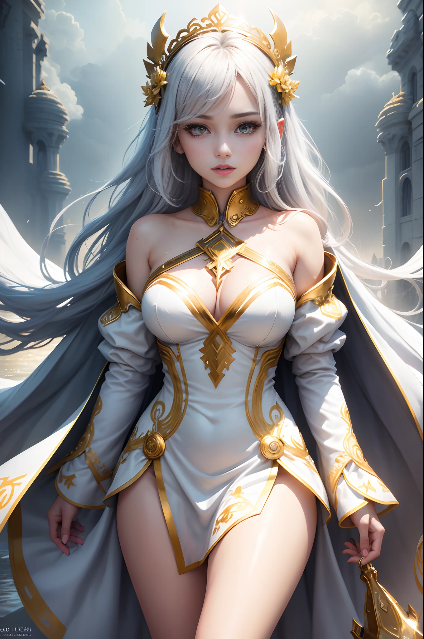 Goddess is an invincible masterpiece, Ultra photo realsisim, Perfect Artwork, Intricate details, Best Quality, strong lights, High contrast, White and golden robes and white and golden skirts(makina:1.2)(masutepiece) , (Best Quality) , (Highly detailed wallpapers CG Unity 8k) , (best character detail:1.36), wet lands, Oppressive sky, white clouds , (Delicate lines:1.24), ([Mirrors reflect water]:1.37) , (Fantasy) , cumulonimbus clouds , (The oppressive atmosphere of the host:1.14) , (cold light:1.2) , Color splattering , Colorful, full body Esbian,White background, Detailed eyes, Beautiful eyes, Detailed eyeshadow, Golden Eyes, Red Lipstick, wariza, hair adornments, Simple background, cube hair ornament,Short bob gray hair, 1womanl, hightquality　real looking skin　超A high resolution