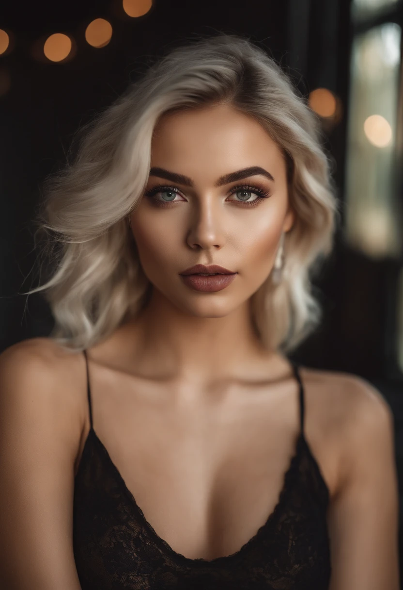 Woman with tank top and panties matching black, fille sexy aux yeux bleus, Portrait Sophie Mudd, Portrait de Corinna Kopf, cheveux blonds et grands yeux, selfie of a young woman, in the nignt club, Violet Myers, ohne Maquillage, maquillage naturel, Look directly into the camera, Visage avec Artgram, dezentes Maquillage, Superbe photo du corps entier, dans la chambre, Fission