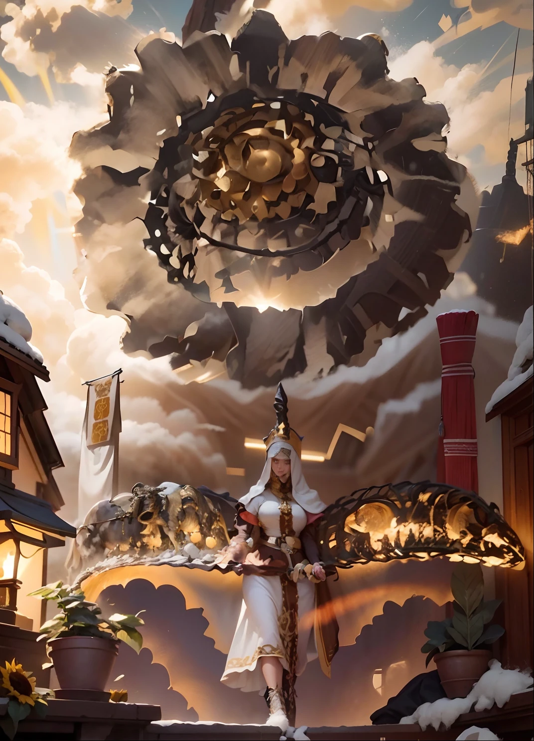 In a very grand scene,The extra-large wide-angle lens captures the appearance of a female centaur。She is a Sunflower Worship nun。She is tall,It has the ultimate curvy beauty,The muscles are slender and firm,Beautiful lines。She has(Super huge sky blue eyes:99.99),Always with sexy glasses。(She wears solemn nun attire:9.9),Stepping on a boot-style skyscraper-heel,A pink cross hangs from his chest。(In front of her is the world's only knitted sunflower potted plant with a super healing smile:99.99),This is the icon of God woven from high-grade yarn。Use Midjourney's advanced tools,Design noble and solemn nun costumes for female centaurs,and highlight her unique physiological characteristics and appearance details,Add realism。And in the context of her prayers and listening to confessions,Spectacular views of nature,Such as the sky where storms and sunny days alternate、Brilliant rivers of stars and auroras、The snow-capped summit of Mount Everest、Fireworks in the mountain town, etc。ao mesmo tempo,Away from the hustle and bustle next to the chapel,Create a fantastic scene。Use Midjourney's advanced tools and multiple color palettes、Brush Strokes、Texture tools and model packages,It shows a sense of atmosphere where beauty and charm coexist。The charm of the female centaur is highlighted through color and lines,Enhance realism with detailing,Create a surreal dreamy feeling。Additionally,Use Midjourney's tools to add various exorcism props and books to the female centaur、pergaminhos,Create intricate hairstyles and outfits,Give her a sense of premium。She never flinches,No matter what monster you encounter,can respond quickly,Even the most extreme armies of natural disasters and monsters could not stop her and her front(The only sunflower in the picture with the Tyndall effect exuding sunlight:999.9)。Use Midjourney's powerful tools,You can do it with incredible detail and beauty,Bring this ultra-grand and beautiful scene to life。Ultra-grand scenes,super wide shot, hdr,(真实感,Masterpiec