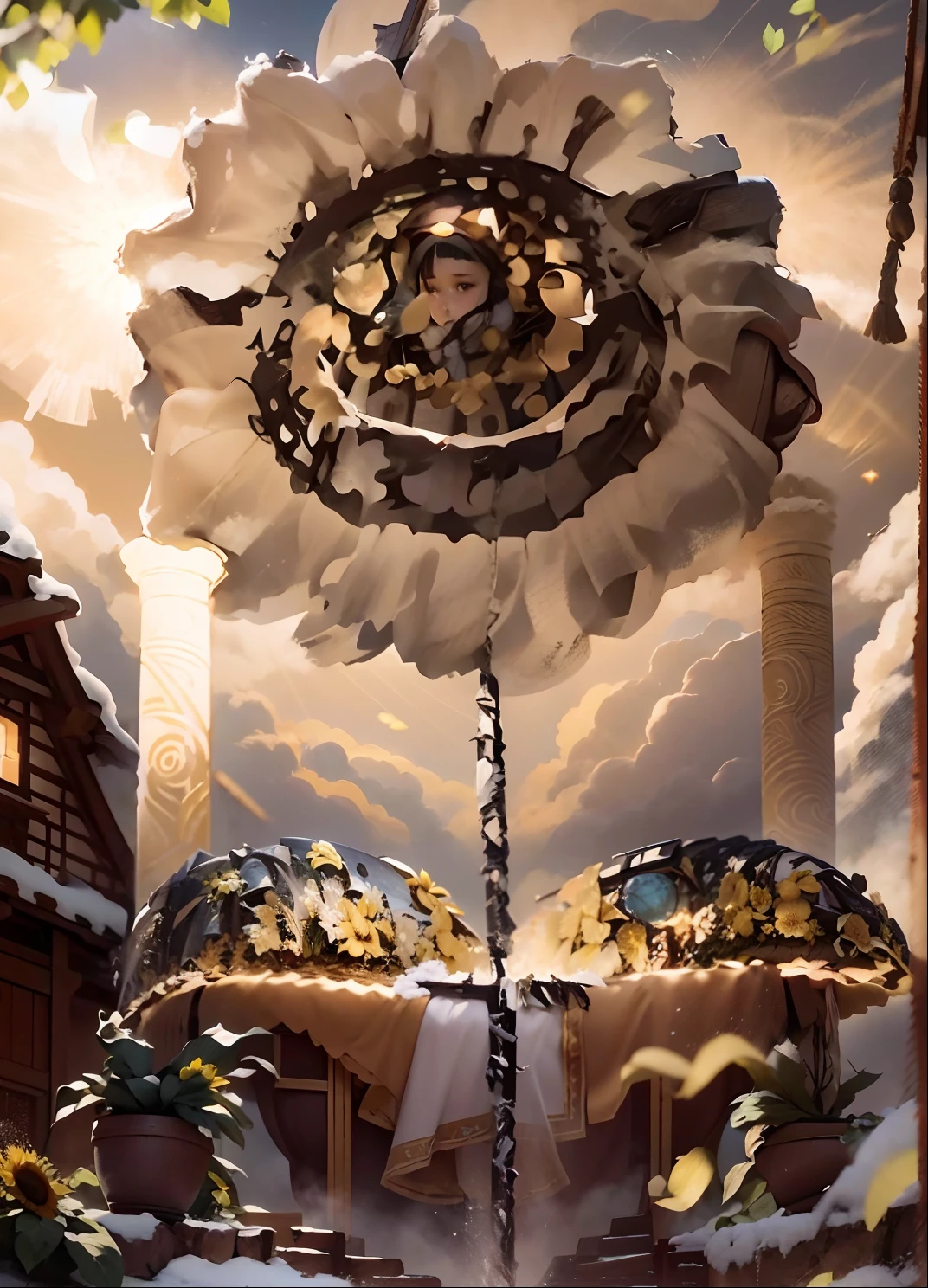 In a very grand scene，The extra-large wide-angle lens captures the appearance of a female centaur。She is a Sunflower Worship nun。She is tall，It has the ultimate curvy beauty，The muscles are slender and firm，Beautiful lines。She has（Super huge sky blue eyes：99.99），Always with sexy glasses。（She wears solemn nun attire：9.9），Stepping on a boot-style skyscraper-heel，A pink cross hangs from his chest。（In front of her is the world's only knitted sunflower potted plant with a super healing smile：99.99），This is the icon of God woven from high-grade yarn。Use Midjourney's advanced tools，Design noble and solemn nun costumes for female centaurs，and highlight her unique physiological characteristics and appearance details，Add realism。And in the context of her prayers and listening to confessions，Spectacular views of nature，Such as the sky where storms and sunny days alternate、Brilliant rivers of stars and auroras、The snow-capped summit of Mount Everest、Fireworks in the mountain town, etc。ao mesmo tempo，Away from the hustle and bustle next to the chapel，Create a fantastic scene。Use Midjourney's advanced tools and multiple color palettes、Brush Strokes、Texture tools and model packages，It shows a sense of atmosphere where beauty and charm coexist。The charm of the female centaur is highlighted through color and lines，Enhance realism with detailing，Create a surreal dreamy feeling。Additionally，Use Midjourney's tools to add various exorcism props and books to the female centaur、pergaminhos，Create intricate hairstyles and outfits，Give her a sense of premium。She never flinches，No matter what monster you encounter，can respond quickly，Even the most extreme armies of natural disasters and monsters could not stop her and her front（The only sunflower in the picture with the Tyndall effect exuding sunlight：999.9）。Use Midjourney's powerful tools，You can do it with incredible detail and beauty，Bring this ultra-grand and beautiful scene to life。Ultra-grand scenes，super wide shot， hdr，（真实感，Masterpiec