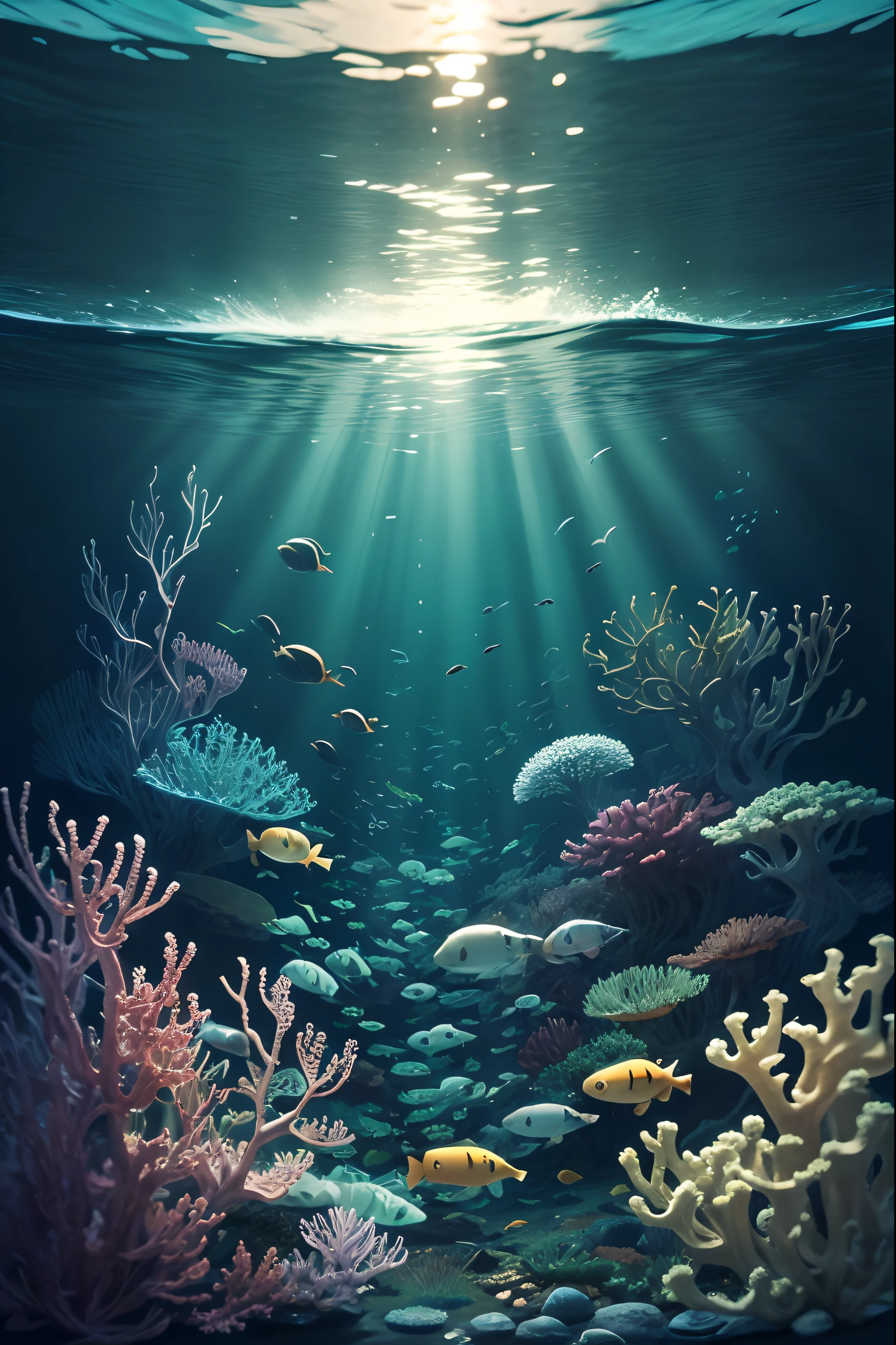 A pattern of fish and seaweed, in a swirling underwater scene, printable --auto