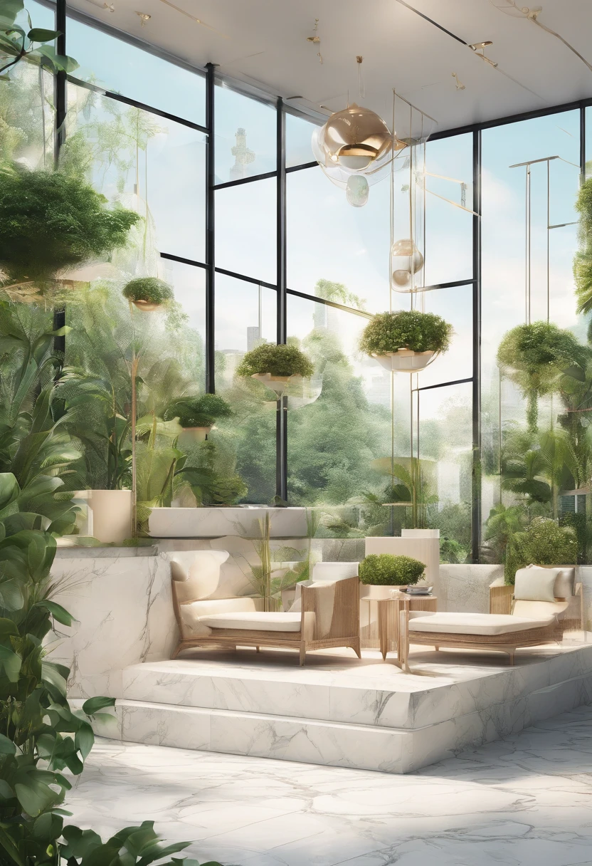 A sunny scene、Ad graphic style、Square diagram、There are greenery、White marble booth、There is bokeh in the background