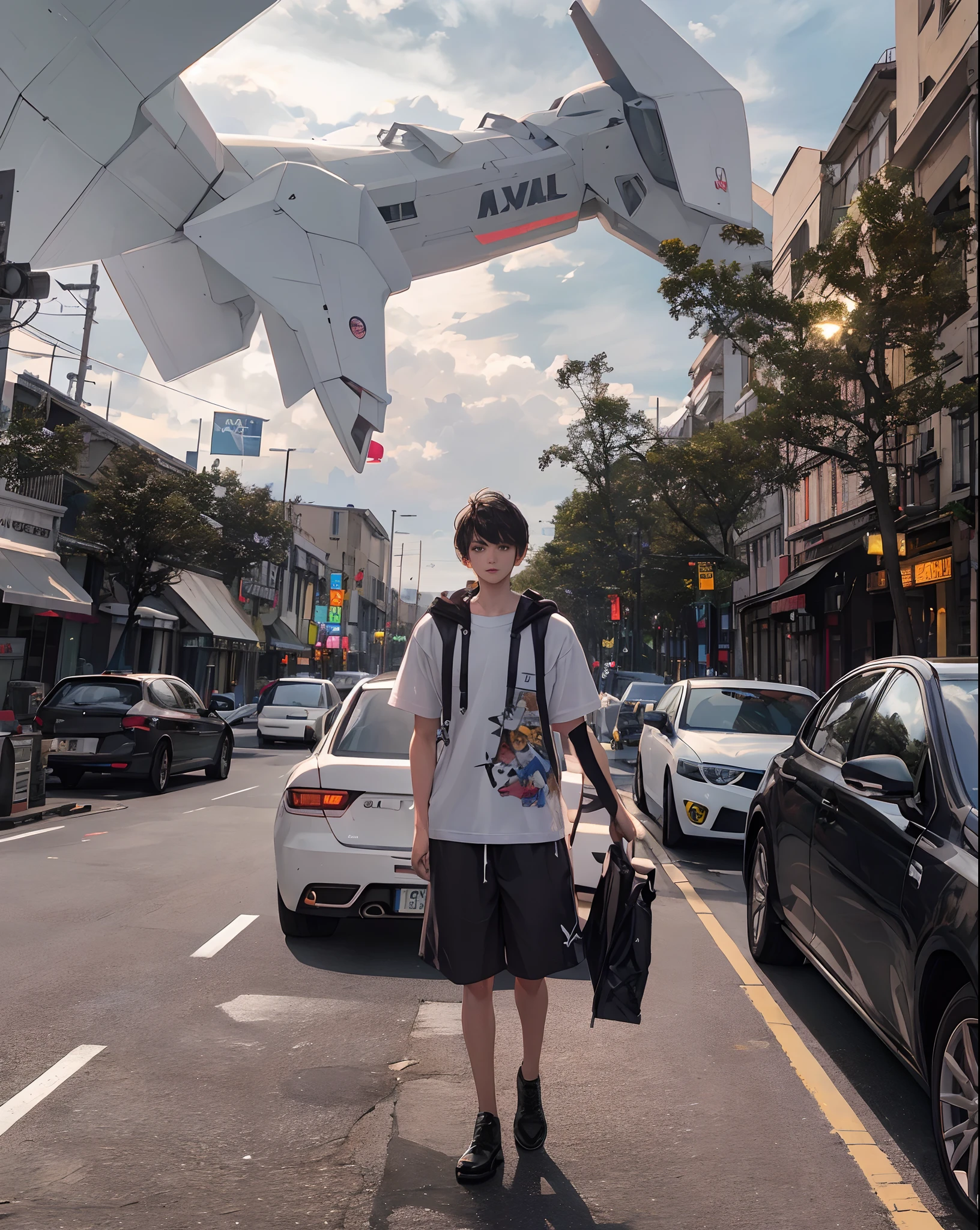 Highest image quality, outstanding details, ultra-high resolution, (realism: 1.4), the best illustration, favor details, highly condensed 1boy, with a delicate and beautiful face, dressed in a black and yellow mecha, posing in front of a car, the background is a high-tech lighting scene of the future city.