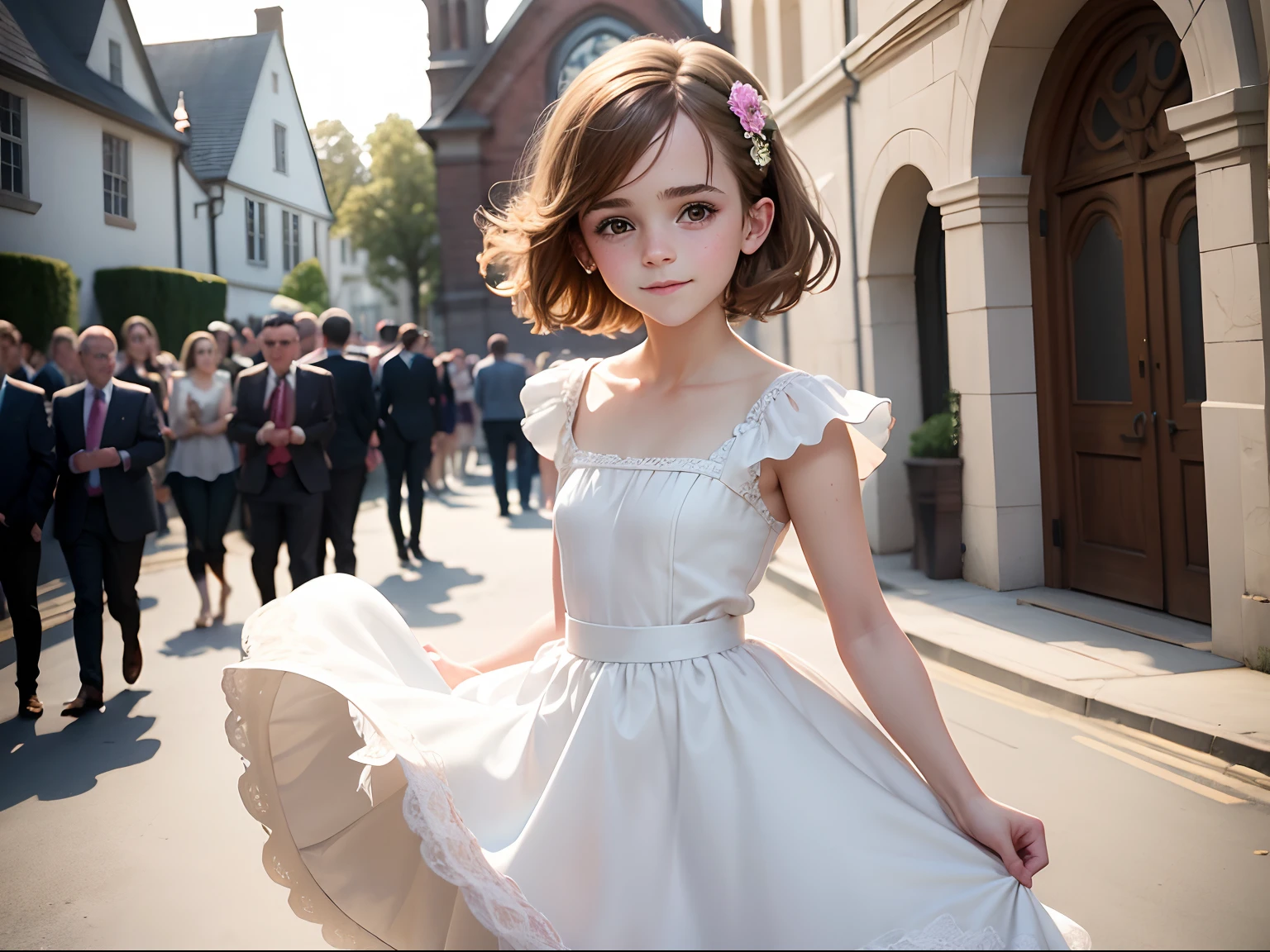 tween Emma Watson wearing cute flower girl dress, small bust, small chest, cute smile, outside church, wedding guests in background