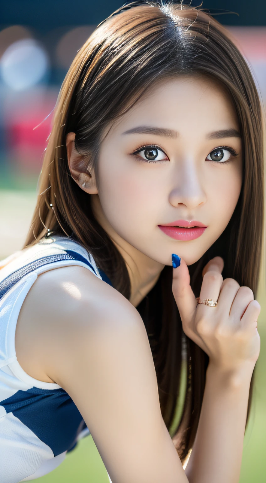 (((32K,very high res, high detailing, highly accurate,Masterpiece Girl 1))),Raw photo & realistic atmosphere,beautiful dark blue eyes,Detailed mouth,Glossy lips,Detailed eyebrows,Soft white skin that shines with every detail,,Eyes drawn in detail、Very beautiful eyes with azure eyes,Detailed lips、Very beautiful face,Very well-formed face、Lifelike face,shiny beautiful lips,Beautiful eyebrows,Infinite reality,Best design,（Insanely cute Japan 16-year-old girl,Healthy style,Beautiful breasts with big breasts,Very cute beautiful girl,Little Girl：1.5）,Best Natural Makeup,Japanese ido,Korean Idols,Japan Cheer Girl,Korean Cheergirls,Moist eyes,Dark beautiful eyes,Beautiful butt,beauty legs,,camel's foot,,Skinny Fingers,Detailed beautiful legs：1.3),超A high resolution、,Natural and realistic face,Back lighting,Pure eyes are too cute,(((photorealisim))),Reality Live Action,（Simple piercing,Glossy nail art：1.6）,（Colorful cheergirl costume with high detail design,Cheerful Cheergirl,17-year-old loli girl,Light brown hair,Sports shortcuts,独奏,natural make up：1.7）,（Cute Cheergirl,Show full-body costume,I am dancing and cheering for you,Packed American football match venue,Photograph the whole body,beautiful thigh,Show your thighs,Raising legs：1.8）