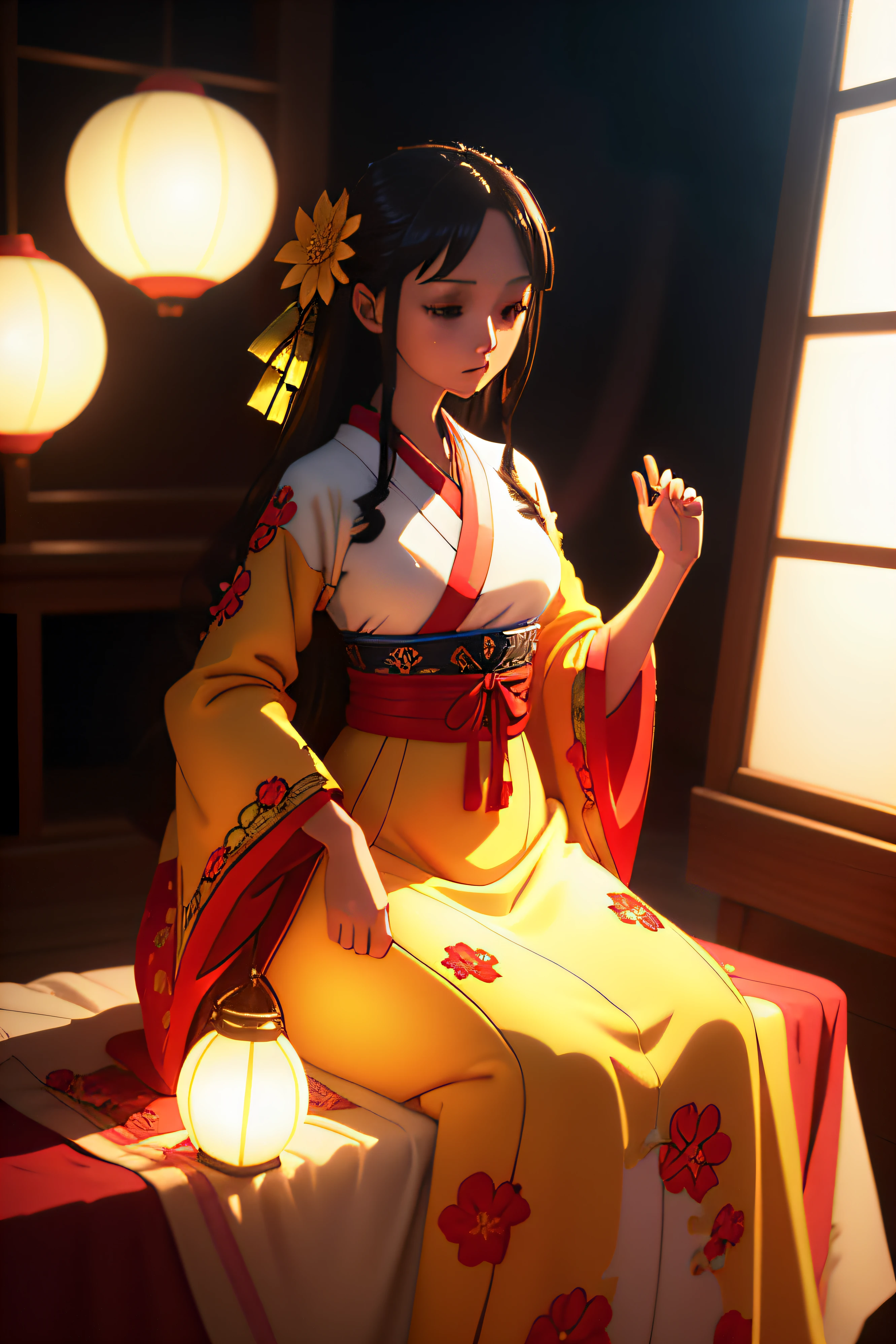 Need,tmasterpiece,A high resolution,(Delicate figure:1.5),Absolutely beautiful,(Milky skin:1.3),exquisitedetails,Real Human,A high resolution,Wallpapers,1female,独奏,shift dresses,hair adornments,(((Golden and red dress)) ), florals, long whitr hair, A brown-haired, Keep one's mouth shut, trinkets, longer sleeves, Raise Hand, Wide sleeves, Big eyes, Fluttering, Hanfu, Hanfu, embroidery, long skirt, natural poses, falling flower petals, inside in room, Fanning,lanterns,16K,HDR,A high resolution,depth of fields,(filmgrain:1.1),Bocoon,prime time,(lens flare glow),Vignette,rainbowing,(Color:1.5)