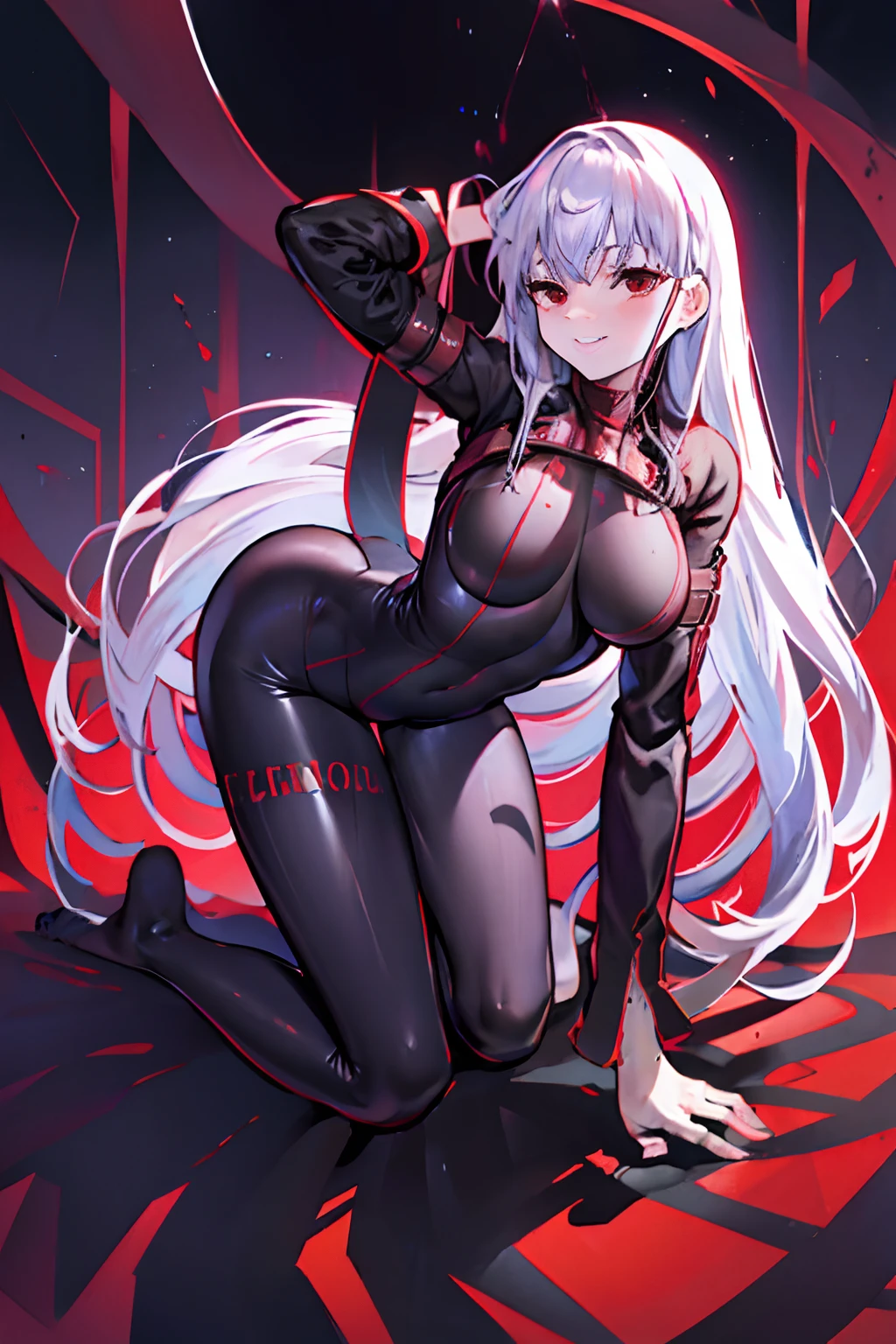 Black full body suit Red lines all over the body huge tit Big ass Whip thighs seductiv a smile Bare legged succubus sprawl