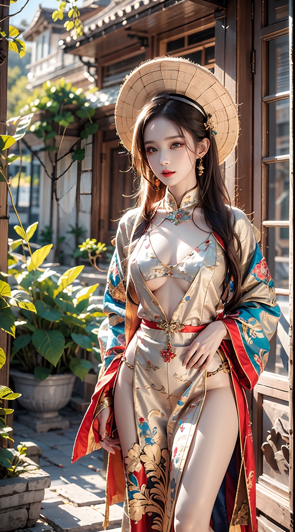 photorealistic, masterpiece, photorealistic, high resolution, soft light, hips up, Nhat Binh, hat, Traditional Vietnamese costumes, full costume