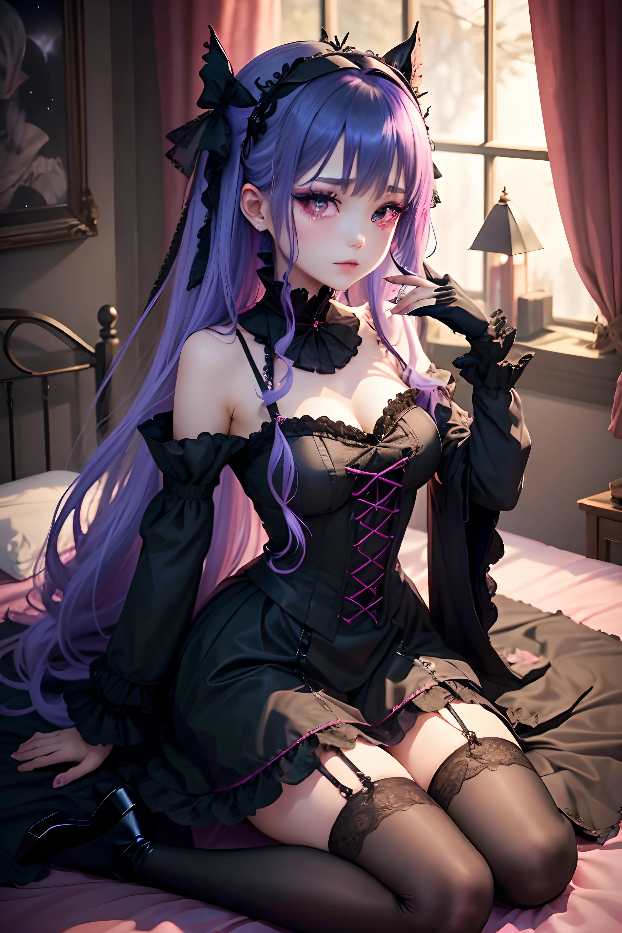 A sexy、A slight smil、garterbelts、knee high socks、panthyhose、Beautifying the world、Unhappy、Lament my night's fantasy、Transcendent beauty、Beautiful shape、wretched、ghosts、wraiths、Evil Spirit、Beautiful、boredom、Unusual beauty、Bewitching、Fornication、Hard Dark Gothic Makeup、Maniacal、Deep night sky、horor、twin-tail hair、Black Dark Eyeshadow、slaves、crying how bright、mourn、Sad songs、Good skin luster、Lace pink、Long hair straight hair、Dark Gothic Makeup、Dark smile、Restless Palace、Expressions of sexual arousal、Fragrant beauty、18year old、carriage、Lying、seductiv、 Strong sexual pleasure facial expressions、A look of shame、open your legs a little、Dark Gothic、Gothic ta、Dark purple hair、Masturbation、bell sleeves、Wizard Sleeve、Obscene look、Stained glass background、masterpiece、best quality、ultra-detailed、Refers to 5 books、Glitter of sweat on the chest、Glitter of sweat on the face、Glitter of sweat on the thighs、Expressions of sexual pleasure in anguish、sweating profusely、Drunken face、maid clothes、Gothic Long Dress、Ruffled skirt、