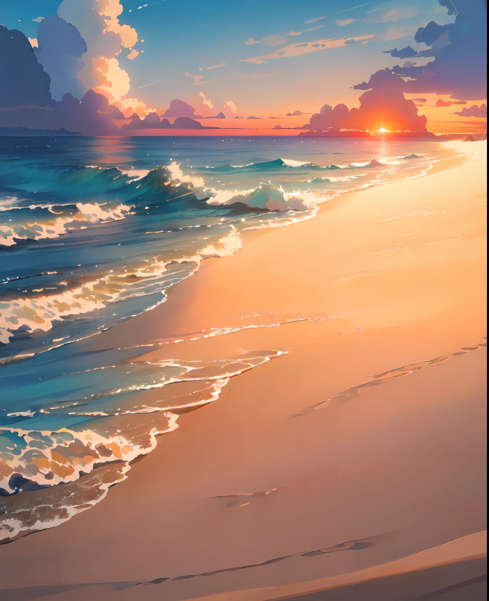 beach, sand, ocean, cloud, horizon, summer sky masterpiece, ultra detailed, 8k screenshot, artbook, sunset