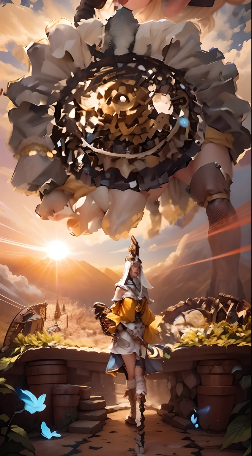 In a very grand scene，The extra-large wide-angle lens captures the appearance of a female centaur。She is a Sunflower Worship nun。She is tall，It has the ultimate curvy beauty，The muscles are slender and firm，Beautiful lines。She has（Super huge sky blue eyes：99.99），Always with sexy glasses。（She wears solemn nun attire：9.9），Stepping on a boot-style skyscraper-heel，A pink cross hangs from his chest。（In front of her is the world's only knitted sunflower potted plant with a super healing smile：99.99），This is the icon of God woven from high-grade yarn。Use Midjourney's advanced tools，Design noble and solemn nun costumes for female centaurs，and highlight her unique physiological characteristics and appearance details，Add realism。And in the context of her prayers and listening to confessions，Spectacular views of nature，Such as the sky where storms and sunny days alternate、Brilliant rivers of stars and auroras、The snow-capped summit of Mount Everest、Fireworks in the mountain town, etc。ao mesmo tempo，Away from the hustle and bustle next to the chapel，Create a fantastic scene。Use Midjourney's advanced tools and multiple color palettes、Brush Strokes、Texture tools and model packages，It shows a sense of atmosphere where beauty and charm coexist。The charm of the female centaur is highlighted through color and lines，Enhance realism with detailing，Create a surreal dreamy feeling。Additionally，Use Midjourney's tools to add various exorcism props and books to the female centaur、pergaminhos，Create intricate hairstyles and outfits，Give her a sense of premium。She never flinches，No matter what monster you encounter，can respond quickly，Even the most extreme armies of natural disasters and monsters could not stop her and her front（The only sunflower in the picture with the Tyndall effect exuding sunlight：999.9）。Use Midjourney's powerful tools，You can do it with incredible detail and beauty，Bring this ultra-grand and beautiful scene to life。Ultra-grand scenes，super wide shot， hdr，（真实感，Masterpiec