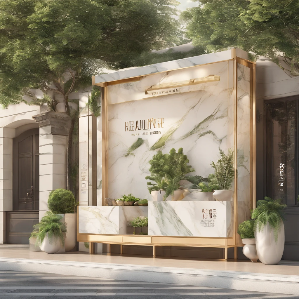 A sunny scene、Ad graphic style、Square diagram、There are greenery、White marble booth、There is bokeh in the background、Realisticstyle、a warm color palette