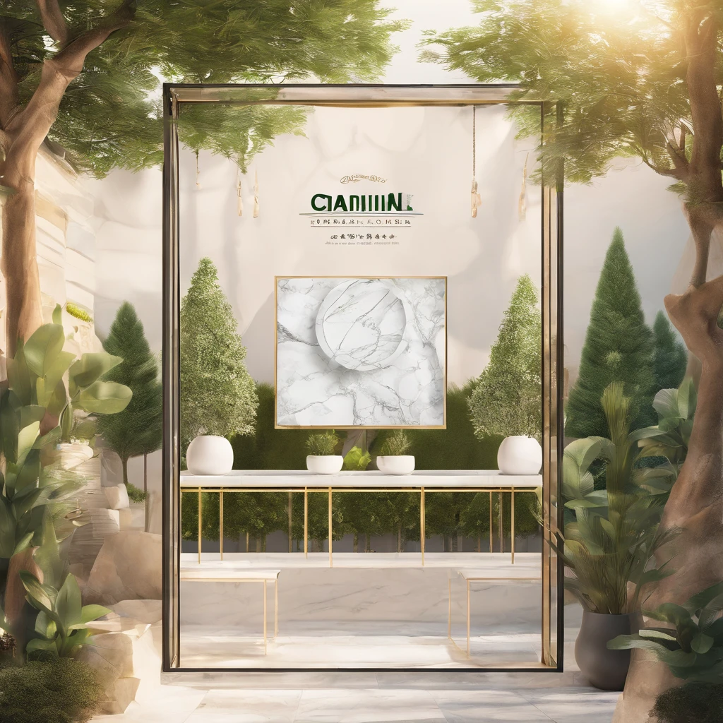 A sunny scene、Ad graphic style、Square diagram、There are greenery、White marble booth、There is bokeh in the background、Realisticstyle、a warm color palette