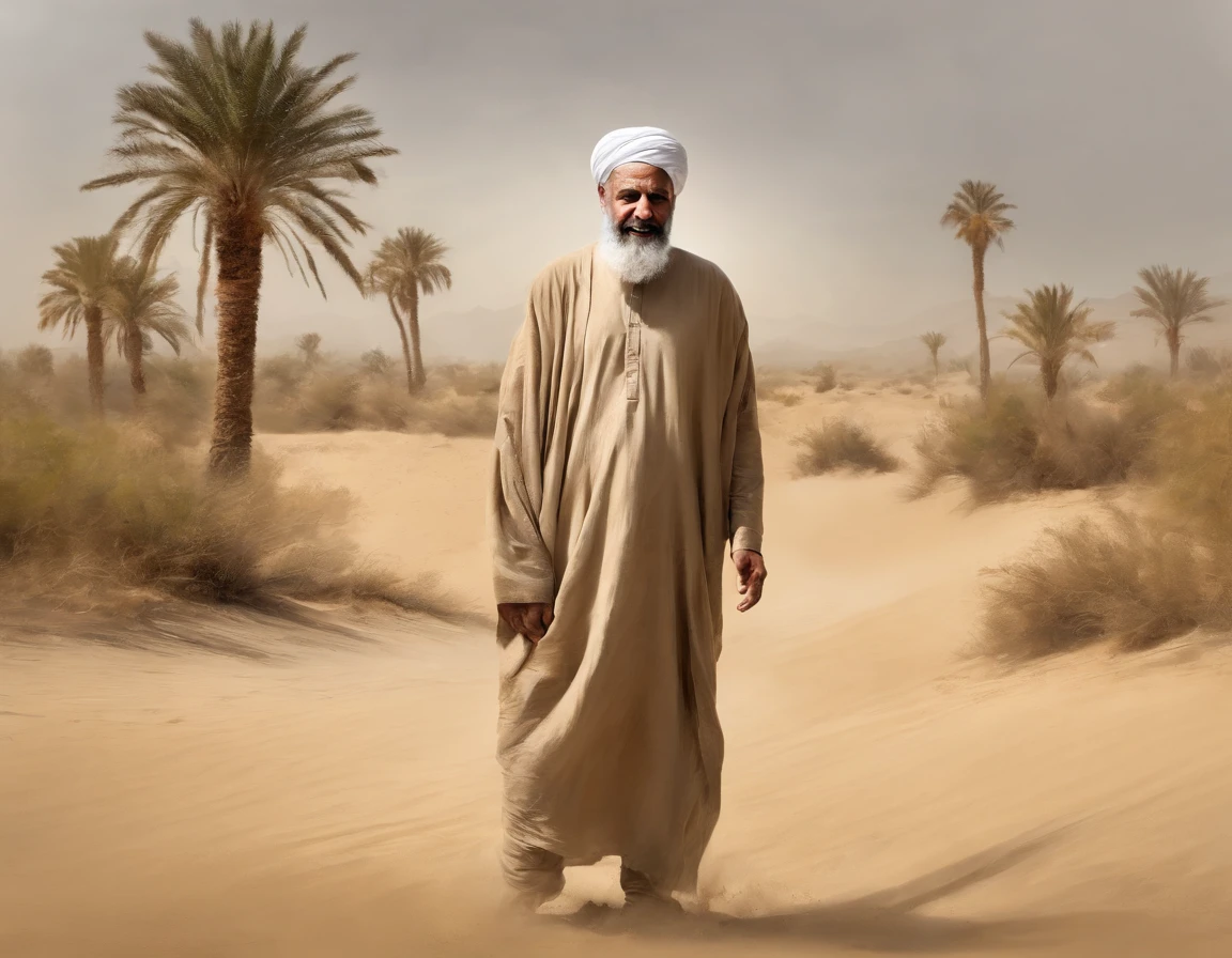 Man, Muslim, wearing kondura beige, desert background, palm trees, left right side, shouting, frustrated face, high res, ultrasharp, 8k, looking at right side, advance in aged, sephia color, grey bearded