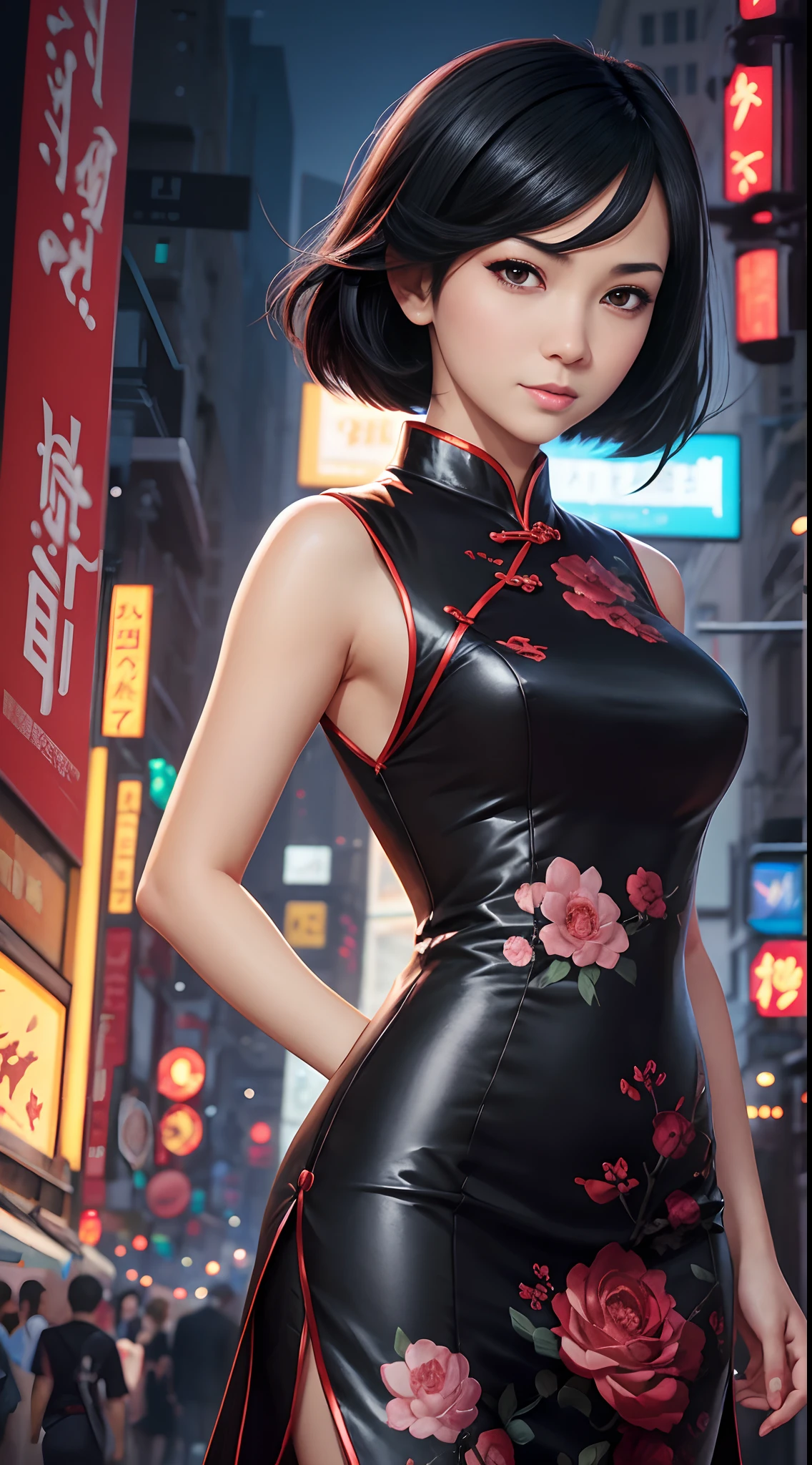 a black-haired man wearing a, puffy dark hair and piecing eyes, wearing a cheongsam dress, computer graphics and animated character, concept art, movie poster art, very detailed, detailed, wallpaper, highly detailed, artstation, iphone wallpaper, by Jesper Ejsing, by RHADS, Makoto Shinkai and Lois van baarle, ilya kuvshinov, rossdraws