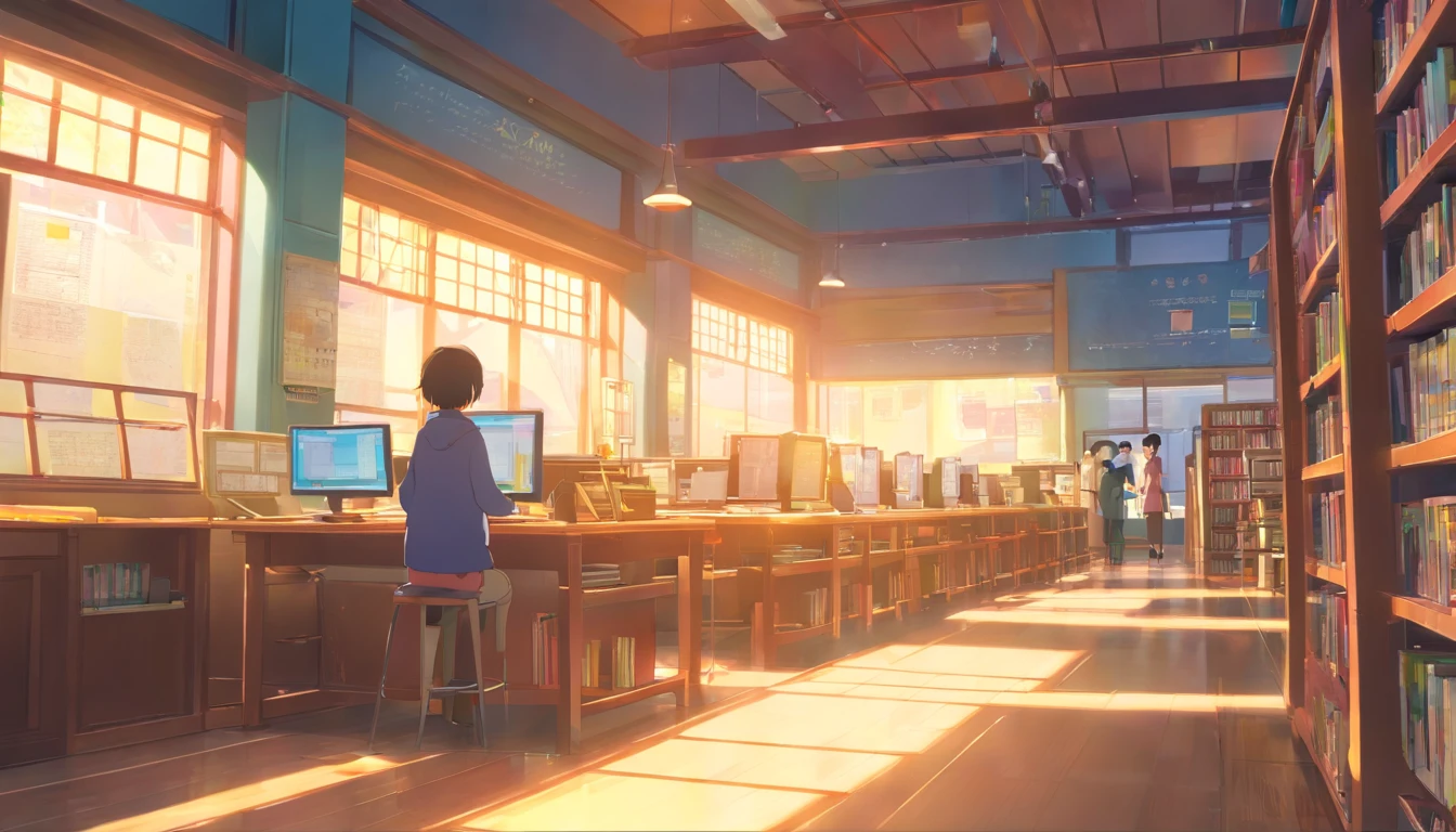 Hyper-detailing，comic strip，China-style，pupils，University Library，highly detailed surreal vfx，eventide，super-fine，dark hues，ultra - detailed，high qulity，8K ，oc rendered，dynamic viewing angle