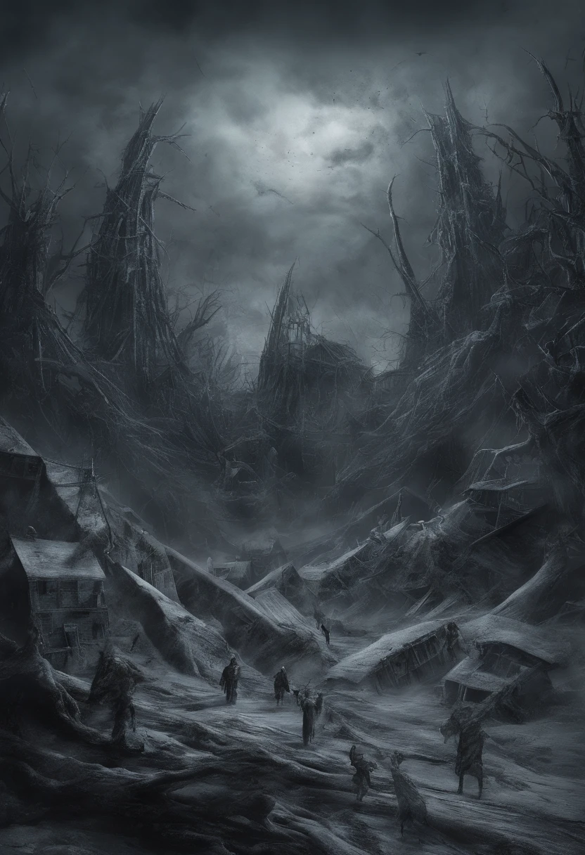 Icy mountain with various undead monsters like glowing, red-eyed skeletons and zombies, montanhas densas com gelo seco espalhado por todo local, gelo seco emitindo vapor e gases por todas as montanhas geladas, various monster constructions around the site, obra prima, mais alta qualidade.