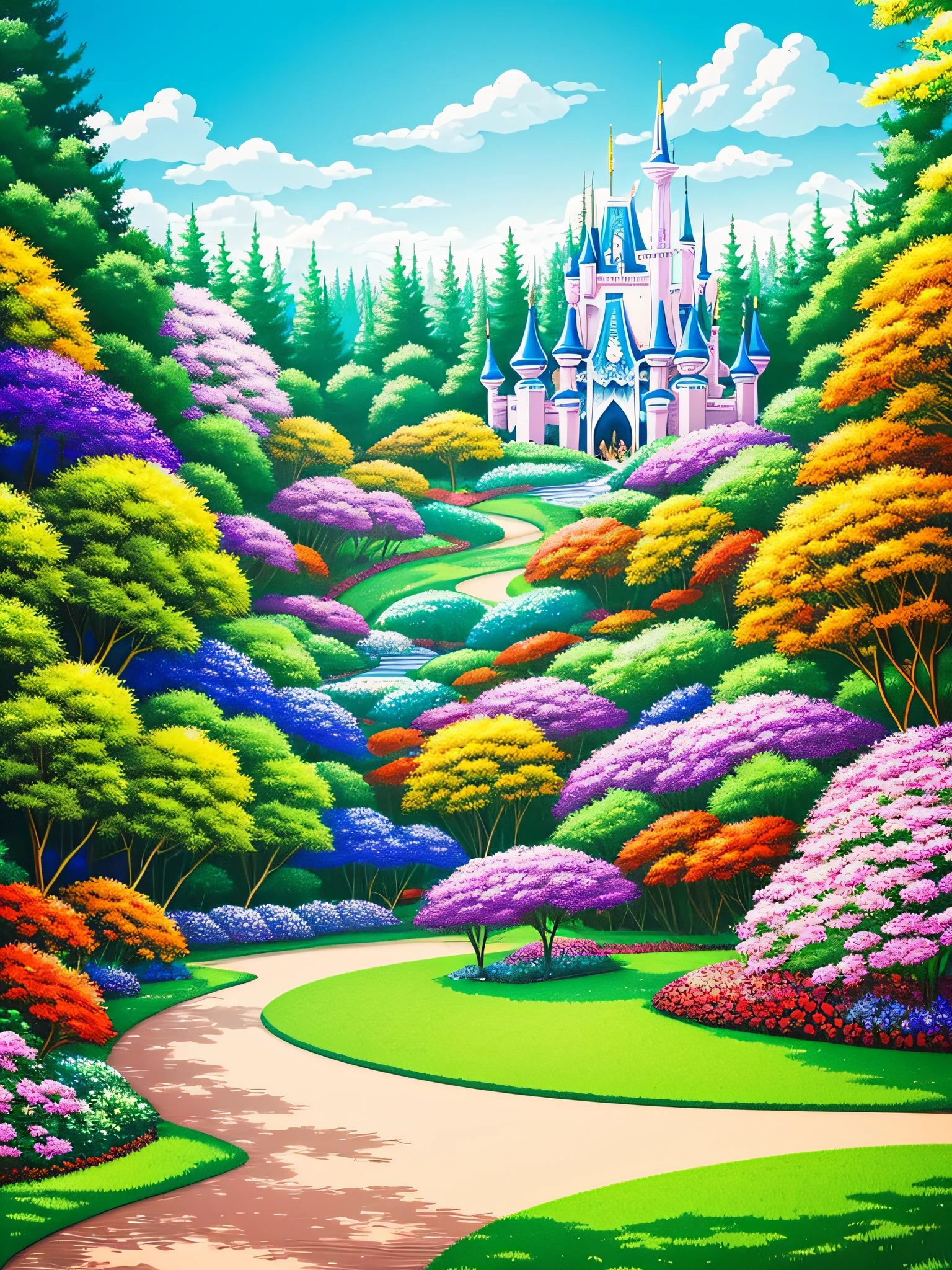 in beautiful woods theme park colorful flower々 Mystical picture book-style illustratio