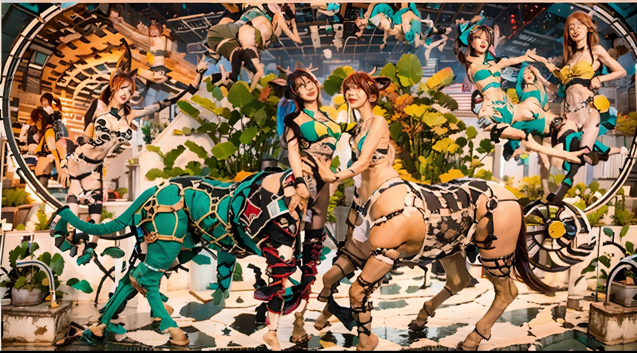 In the beautiful illustration of this super-grand scene，The ultra-distant lens shows us（Over eight separate and distinctive centaur characters：9.9），They all have their own characteristics，Vivid and interesting。Radiant from the heavens（Angelic centaurs：6.6），To nightmarish is（Centaurs surrounded by flames：6.6）、And then to the wind dancing in the air（Fairy centaurs：6.6）、And thunder and lightning surrounding（One-horned centaur：6.6），and shining metallic ones（Mechanical style centaur：6.6）、And then（A centaur with colorful dragon scales covering the whole body：6.6）The power is powerful、Elegant and agile（Elf centaur's slenderness：6.6）Gracefully wears a flower crown、Enchanting and charming（Tiflin centaurs：6.6）、Have the indescribable（Raised sexy：6.6）'s（Succubus centaurs：6.6）。Each character has their own unique charms and abilities。The illustration uses advanced artistic techniques and tools，（Use nesting、woven、stitching、ssee-through、arrange、grouping、Storyboards and other methods，Divide the scene into sections by geometric arrangement：9.9），Each section corresponds to a centaur character，This makes more efficient use of space。Through Midjourney's advanced brush tools、Color palette、Material packs and model packs、Texture tools，For each centaur, beautiful props are designed to increase racial characteristics、Clothing and physical features，（Enhances the character's personality and visual appeal：2.5），The scenery in the illustrations is stunning，There are changing skies、rainbowing、extreme light、Stars and Moon。Incorporating iconic landmarks such as Mount Everest，and fireworks、tranquil lake、Natural and urban elements of waves and neon lights，Creates a magical atmosphere，The centaurs display their unique abilities and equipment in a variety of environments，This is true even in extreme alien landscapes。（Use Midjourney's tools、Material packs、Texture tools、The color palette makes depicting details vivid and realistic：9.9），From complex hairstyles and as well as different racial traits、Body、Ap