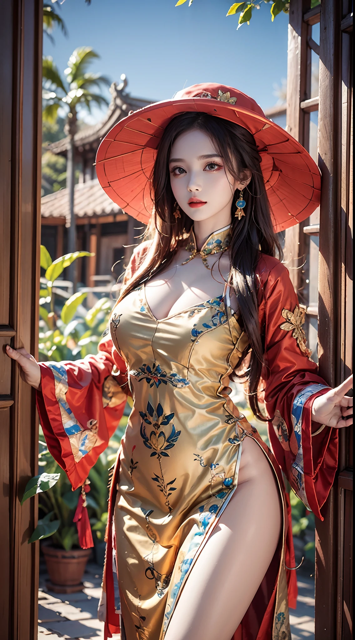 photorealistic, masterpiece, photorealistic, high resolution, soft light, hips up, Nhat Binh, hat, Traditional Vietnamese costumes, full costume