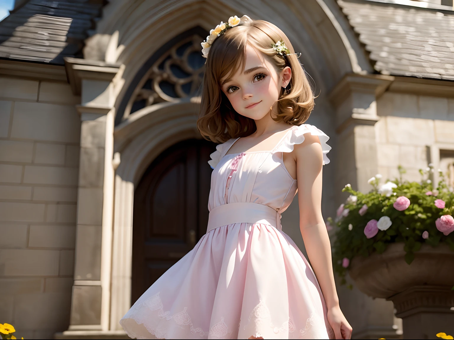 tween Emma Watson wearing cute flower girl dress, small bust, small chest, cute smile, outside church, wedding guests in background