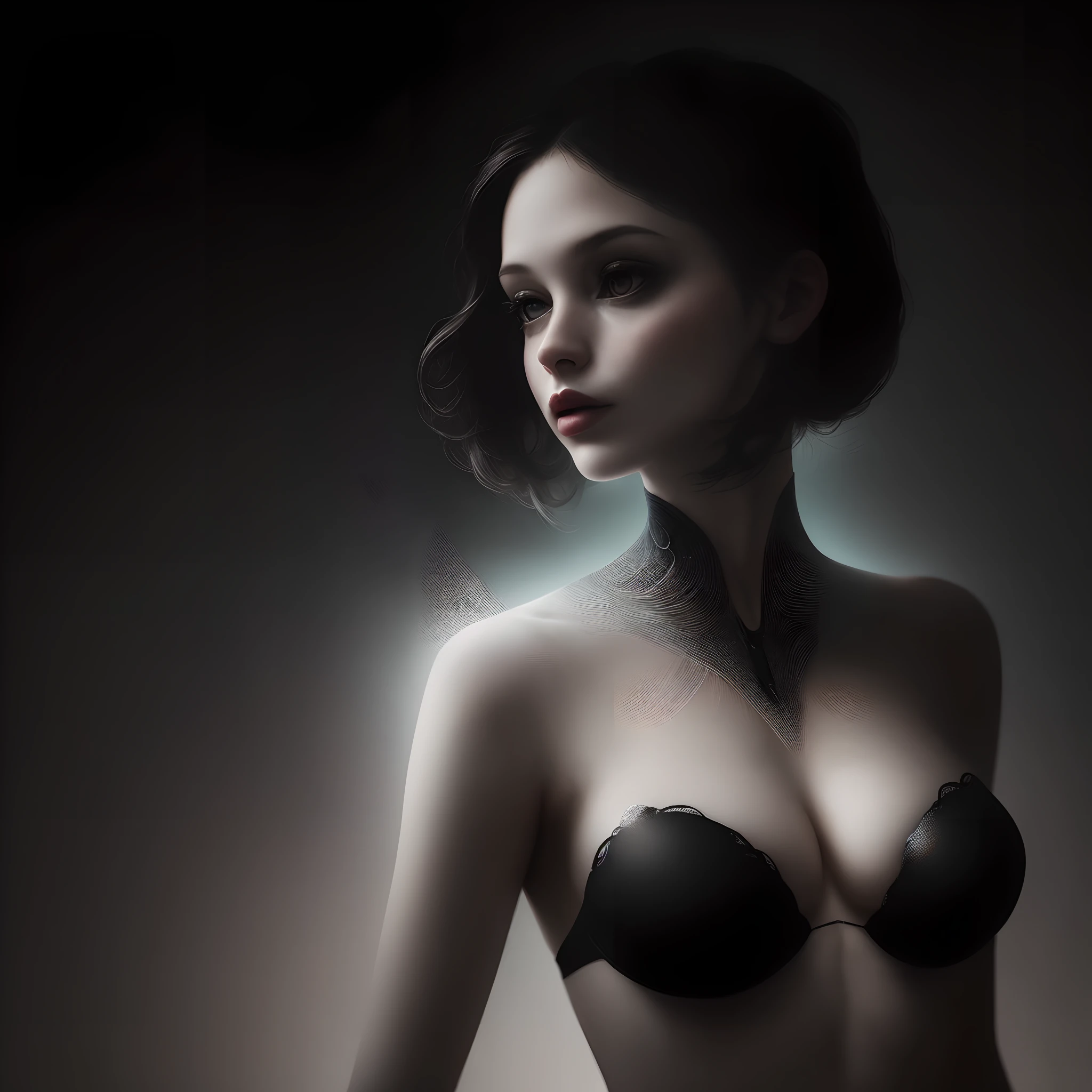 mixed media photography, fusing photography and digital art, ethereal portrait of silhouette woman, no bra, nice boobs, organic shapes and glitch lines, dual tone, futuristic background