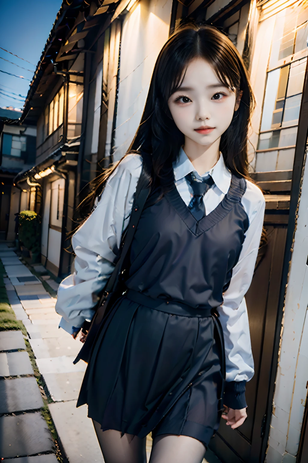 in cute graduation uniforms and miniskirts,japanes,extremely detailed eye and face, Sharp pupils,A 12-year-old girl、Man in hi40sndingtween a narrow house and a house without lights on a dark night、12-year-old elementary school studeing in fesolution,Cute smile, Cinematic lighting,tranquil atmosphere、Beautiful fine details,extremely detailed eye and face、Ultra-wide-angle shooting、Girl with expressionless and puzzled face、Full Body Display、Composition centered on the crotch tubercle、a miniskirt、White Sox、