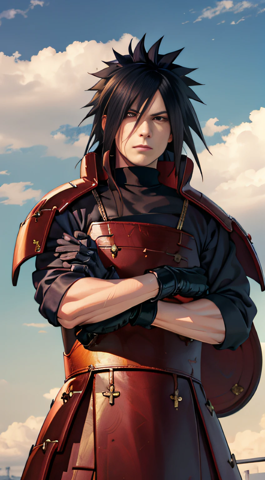 (Masterpiece, Best quality:1.2), Cowboy shot, Solo, Male focus, 1boys,madara uchiha, Serious, view the viewer, Black spiked hair, Black eyes, Armor, whitegloves