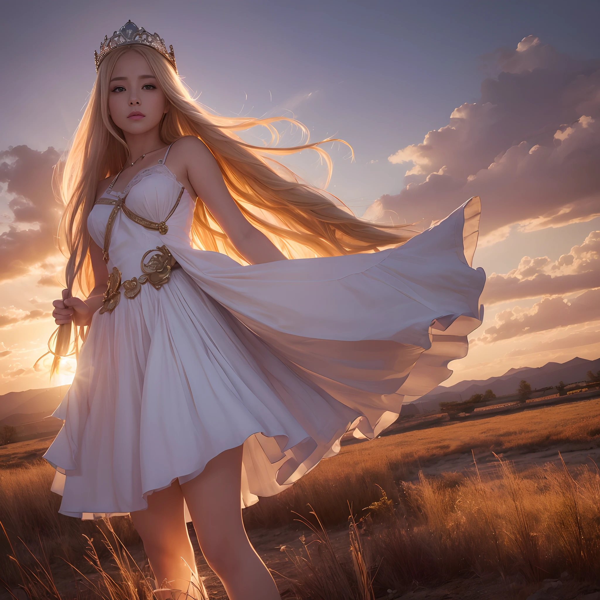(((nffsw))), (((masutepiece))), (((8K))), (((hight resolution))), (((surrealism))), (((Cinematic lighting))), god rays, Zoom Layer, (((FULL BODYSHOT))), F/4.0, canon, Shiny skin,Detailed skin,Detailed face, Detailed eyes, １Ukrainian princess of man, long blonde hair, serious facial expression,  battle field、Princess who lost the war、The enemy took off my dress、Underwear is visible