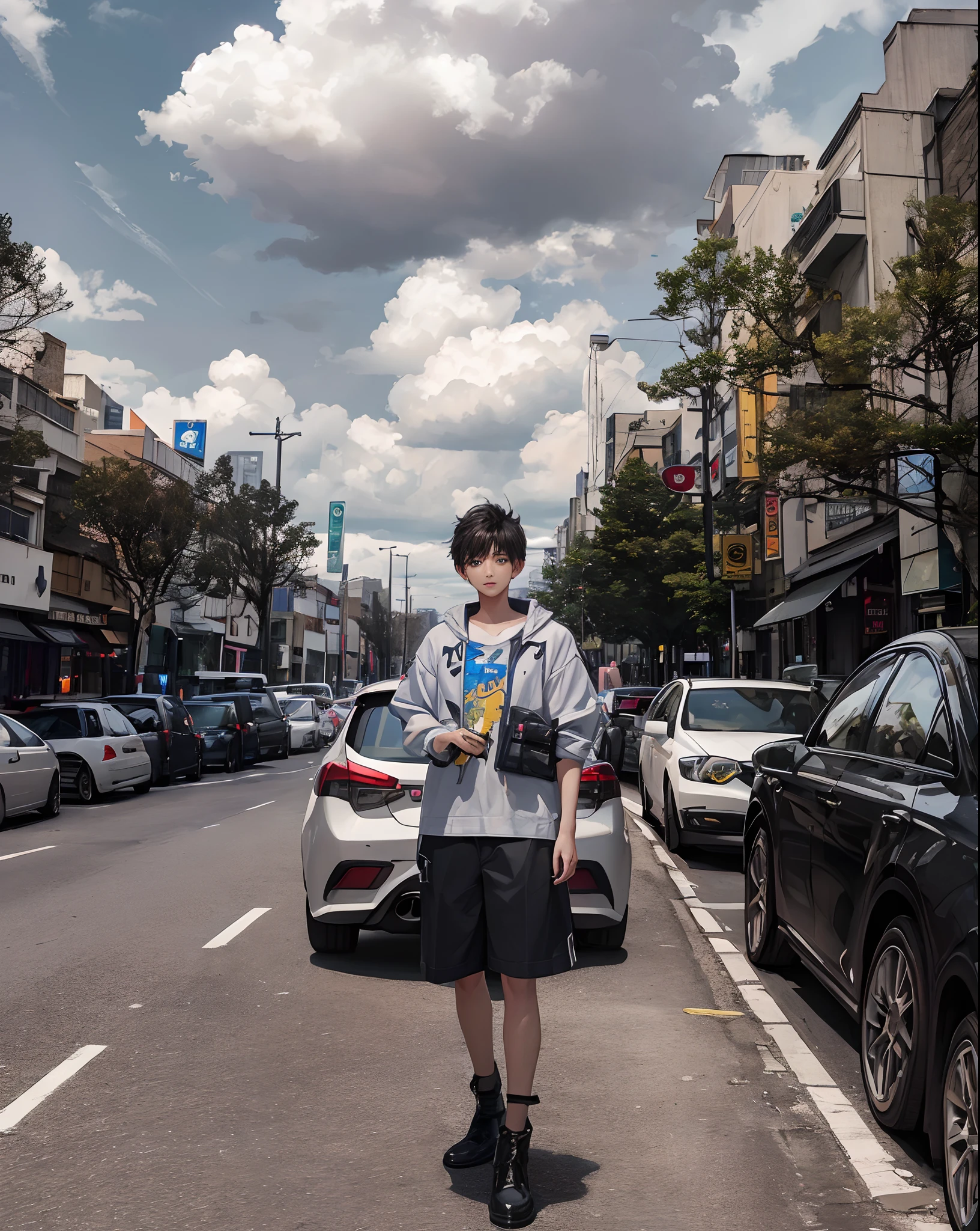 Highest image quality, outstanding details, ultra-high resolution, (realism: 1.4), the best illustration, favor details, highly condensed 1boy, with a delicate and beautiful face, dressed in a black and yellow mecha, posing in front of a car, the background is a high-tech lighting scene of the future city.
