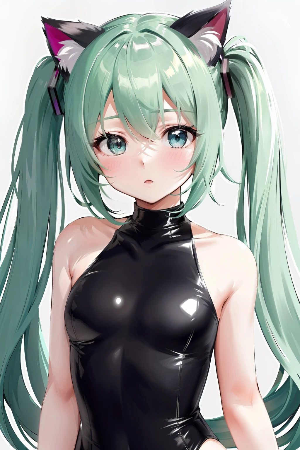 1girl, hatsune_miku,cat ears,leotard, poto realistc,bare shoulders,