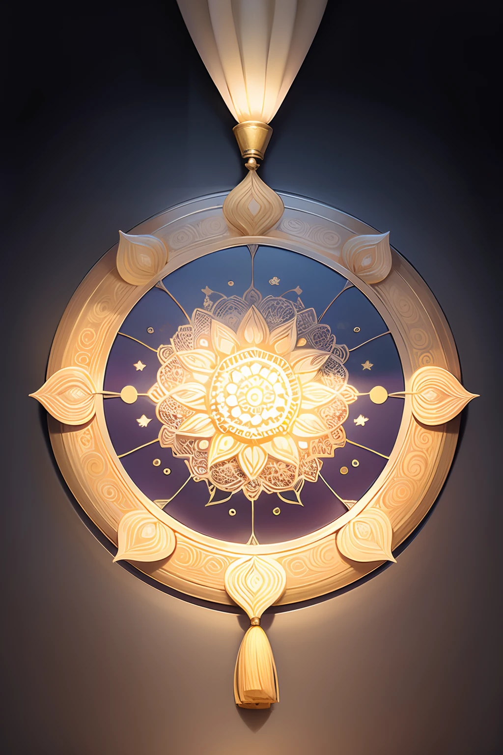 A round ornamental mandala made of light rays from heaven, surrounded by puffy white clouds.
