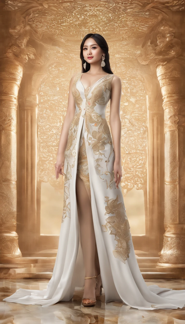 Ultra detailed hd 8k, (realistic photo:1.2), (masterpiece: 1.2),myth,argent,kebaya,Scroll,batik,sleeveless, treasure,universe, face the camera, smile, 19 year old girl, cute girl, beautiful girl, indonesian model, white healthy skin, delicate eyes, tied-up hair, ethnic earrings, full body photo, (sexy body:1.2), (slim waist:1.2), rim light,product photo shot, holding a small beauty serum
