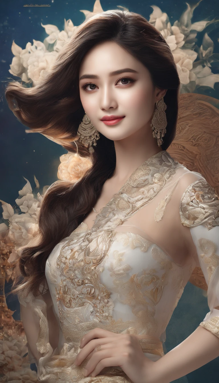 Ultra detailed hd 8k, (realistic photo:1.2), (masterpiece: 1.2),myth,argent,kebaya,Scroll,batik,sleeveless, treasure,universe, face the camera, smile, 19 year old girl, cute girl, beautiful girl, indonesian model, white healthy skin, delicate eyes, tied-up hair, ethnic earrings, full body photo, (sexy body:1.2), (slim waist:1.2), rim light,product photo shot, holding a small beauty serum