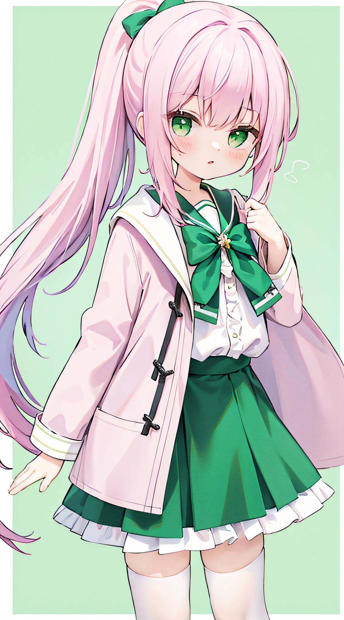 tmasterpiece，best qualityer，High ponytail，White frilled shirt，Green skirt，Pink coat，white legwear，adolable