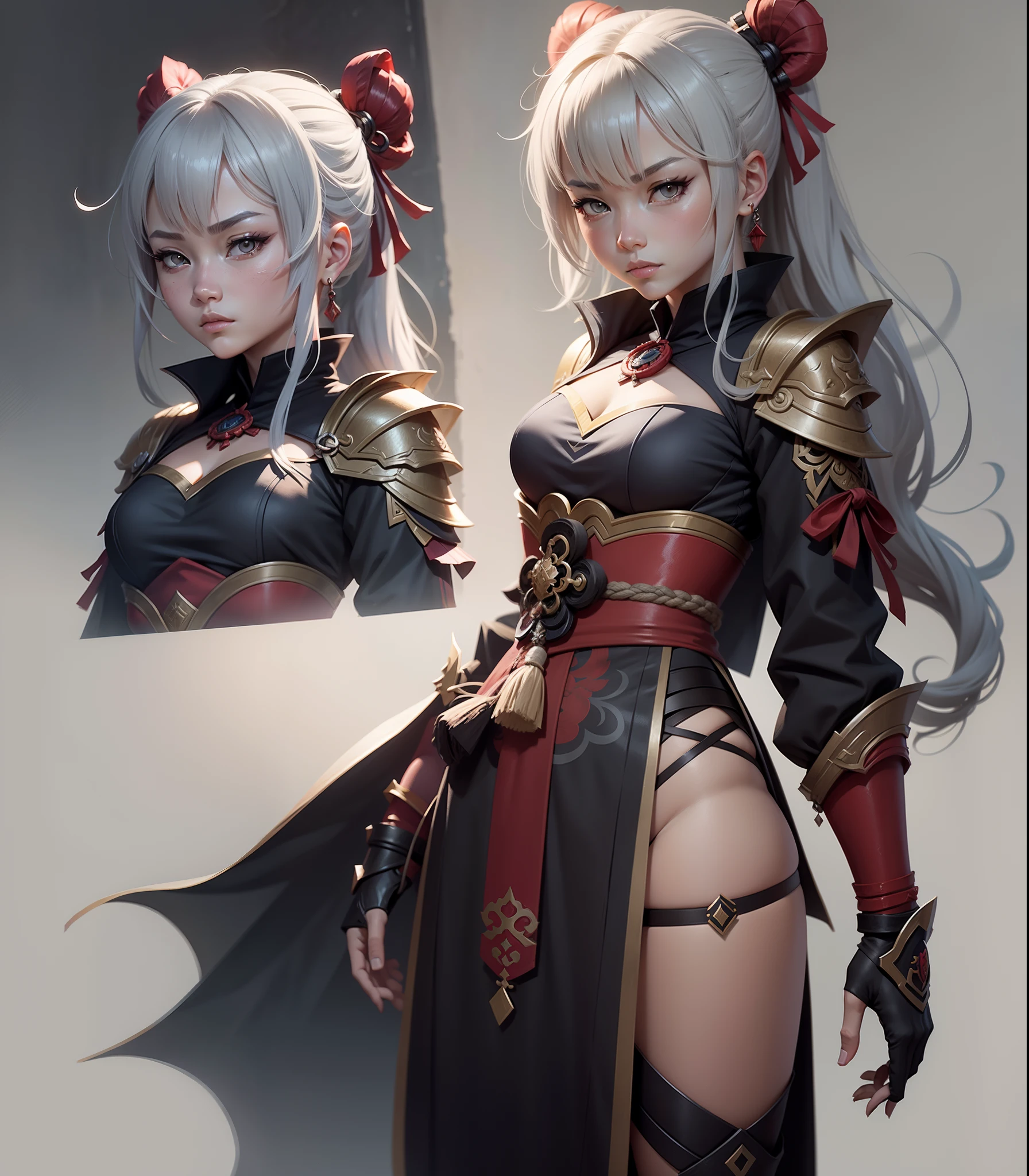 Character design, warrior girl, concept-art, Genshin Impact style, Gray solid background