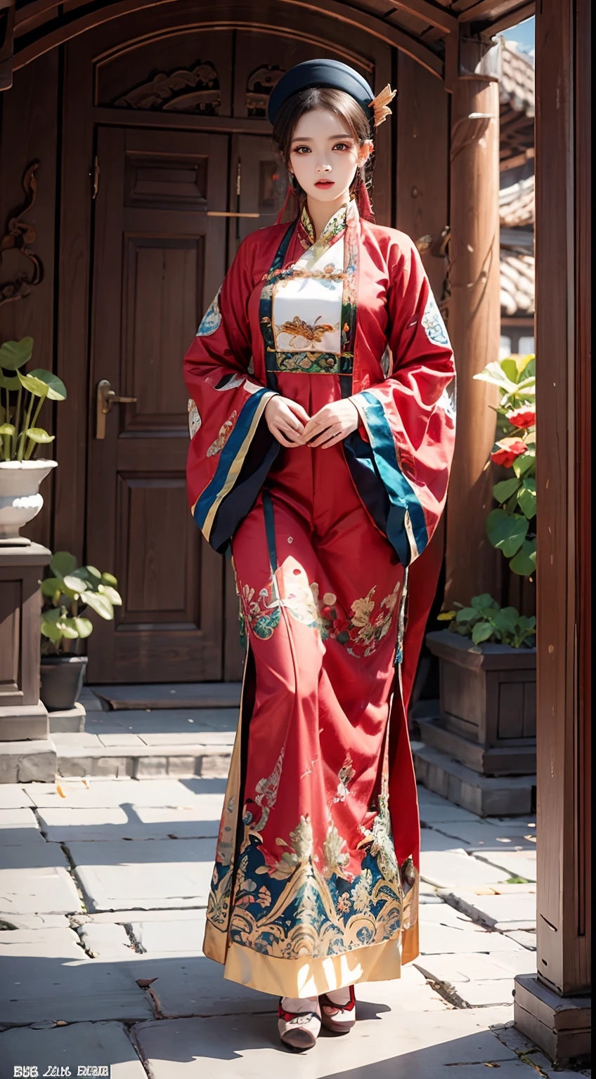 Photorealistic, masutepiece, Photorealistic, High resolution, Soft light, hips up high, Nhat Ping, hat, traditional Vietnamese dress, full costume