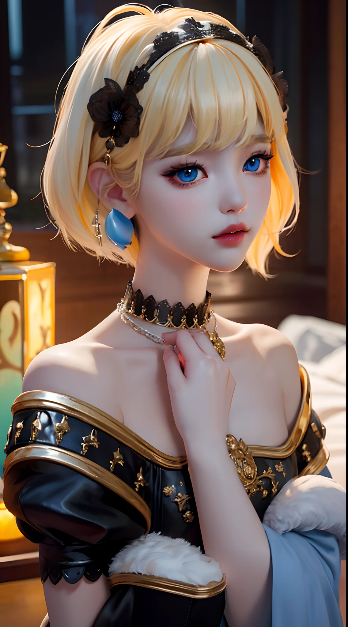 ​masterpiece, top-quality, 1womanl,, Adults, tall, finely eye and detailed face, intricate detailes, ((Korean fashion in black and white)), window, Happiness, tenderness, high-level image quality、tall、The upper part of the body、nightfall、nighttime scene、𝓡𝓸𝓶𝓪𝓷𝓽𝓲𝓬、Korean Male, Idol Photos, k pop, Professional Photos, Vampires, Korean fashion in black and white, Fedoman with necklace, inspired by Sim Sa-jeong, androgynous vampire, :9 detailed face: 8, extra detailed face, detailed punk hair, ((Light blue eyes)) baggy eyes, Seductive. Highly detailed, semi realistic anime, Vampires, hyperrealistic teen, delicate androgynous prince, imvu, Bangs hide both eyes、invisible, short hair above the ears, short hair woman, ((Blonde woman with wild expression)), ((Woman with short hair of bright golden color))