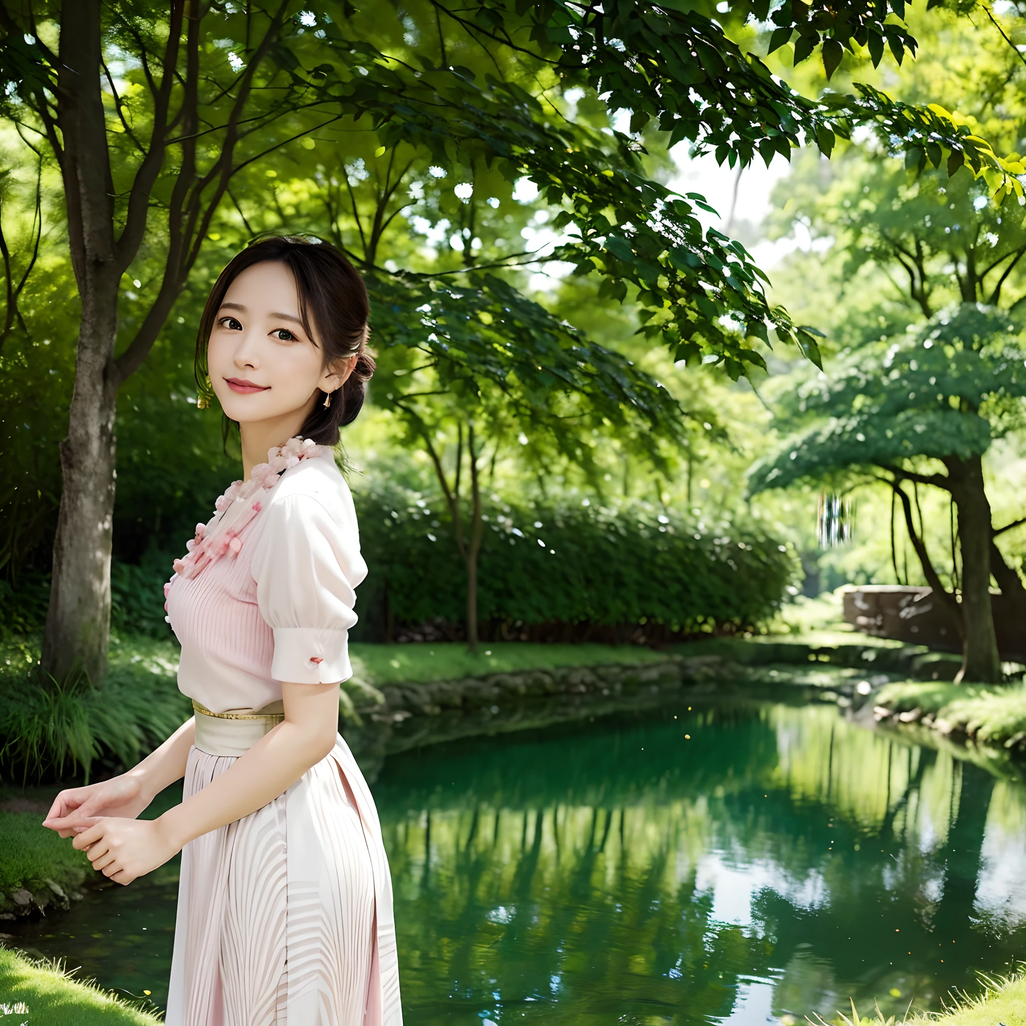 In the heart of a tranquil park, a beautiful girl graces the scenery with her vibrant presence. She is adorned in a kaleidoscope of colors, her attire a testament to the harmony of nature and artistry. A flowing skirt, painted in shades of soft lavender and gentle teal, ripples like a tranquil pond, mirroring the peaceful surroundings.

Her blouse, a delicate blush pink, complements the natural palette, evoking the tender blossoms that adorn the park’s gentle trees. Around her neck, a scarf with intricate floral patterns whispers of nature’s own design, while earrings and accessories in playful shades of coral and gold add a touch of whimsy to her ensemble.

As she strolls along the winding pathways, her every step seems to blend seamlessly with the rustling leaves and the distant songs of birds. The dappled sunlight, filtering through the lush canopy, caresses her features, highlighting the gentle curve of her smile and the sparkles in her eyes.

The park’s pond, serene and reflective, mirrors the azure sky and the verdant surroundings, creating a dreamlike tableau. In this idyllic haven, the beautiful girl stands as a living embodiment of nature’s grace and the joy it imparts. Her colorful attire harmonizes effortlessly with the peaceful landscape, weaving a tapestry of beauty, tranquility, and timeless elegance. Together, they form a scene of enchanting serenity that captivates all who behold it.