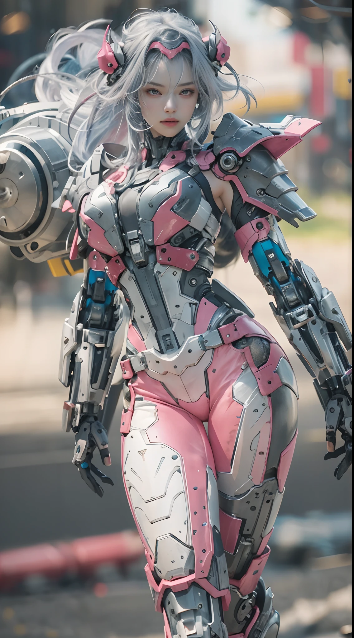 masterpiece, best quality, 1girl, solo, perfect face, looking at viewer, skin tight transparent vinyl, long blue hair, gray eyes, pale skin, shanyaogaoda, mecha, pink armor with white part, armor, helmet, lineart, dimly lit, low key, sharp focus, octane, backlighting, machinery, backlighting, shiny clothes, mechanical legs, thrusters, flying, hair ornament, high heels, shiny, artist name, standing, thighs, pink eyes, teeth, looking down, armored boots, cyborg, (big mechanical background:1.2), bare shoulders, lips, machine, The view from the bottom up, cosplay, RAW photo, delicate, best quality, (intricate details:1.3), hyper detail, finely detailed, colorful, 8k uhd, film grain, (studio lighting:1.2), (Fujifilm XT3), (photorealistic:1.3), (detailed skin:1.2)ultra high res, outside in the park with lake, best quality, photo, 4k, (photorealistic:1.4)