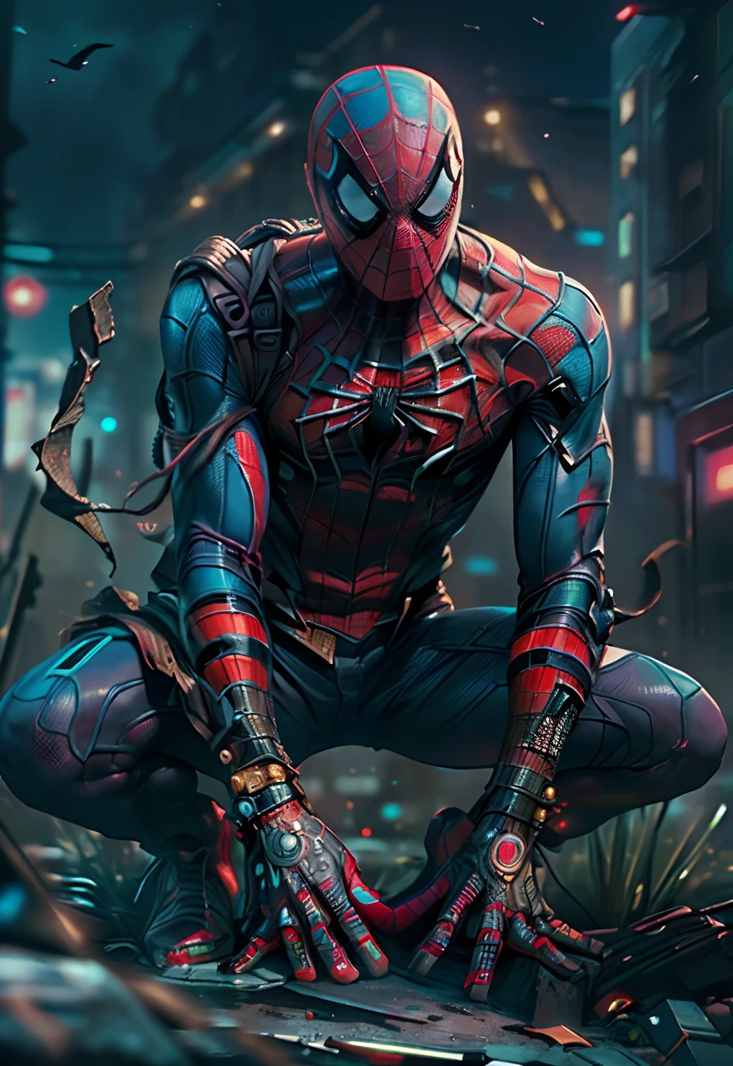 Spiderman as a zombie,(top-quality、8K、32K、​masterpiece、nffsw:1.3)、(The ultra -The high-definition)、(Photorealsitic:1.4)、Raw photography,Perfect eyes,Charming perfect figure,actionpose:1.2,Detailed cyberpunk fashion、World of Cyberpunk,depth of fields,blurry backroundbackround, full body captured