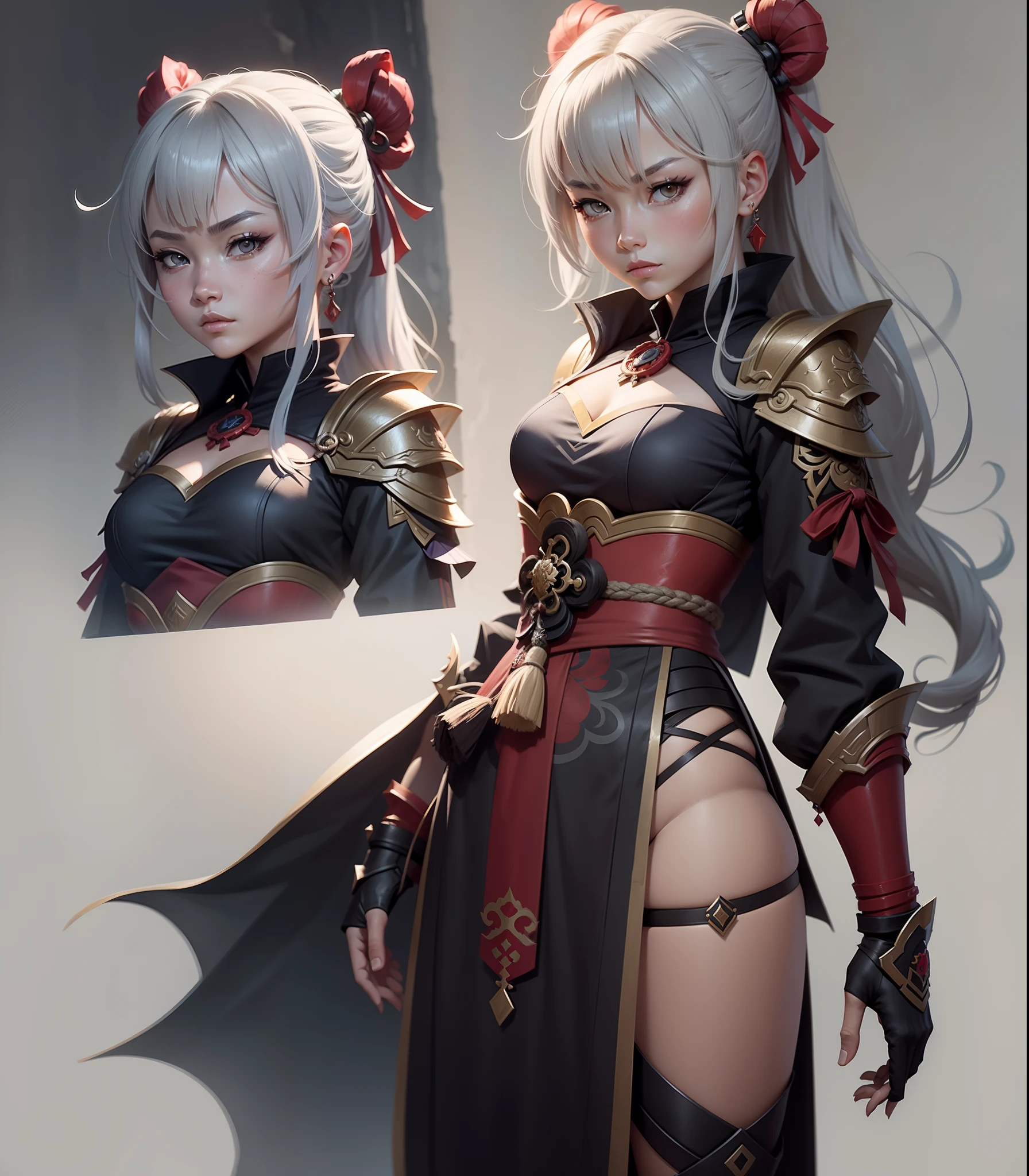 Character design, warrior girl, concept-art, Genshin Impact style, Gray solid background