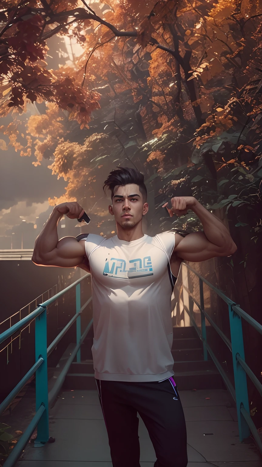 Cyberpunk clearness background gym face mascular bodybuild handsome chest biceps 8k resolution